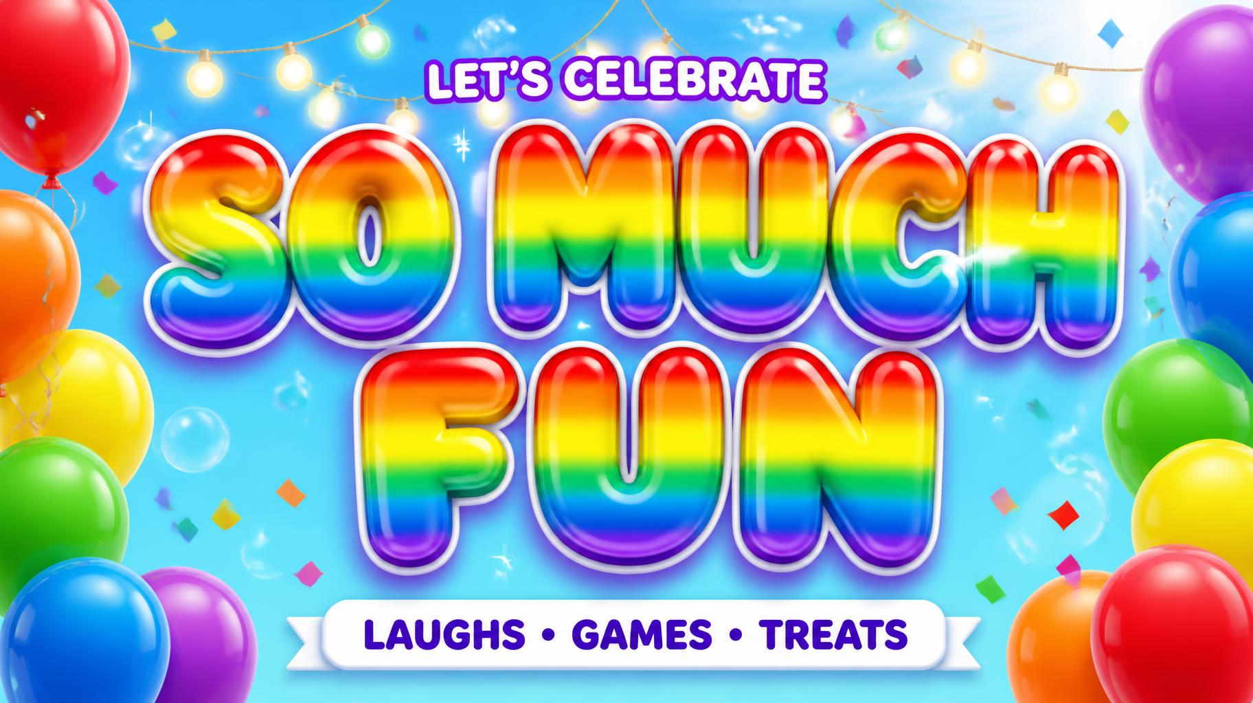 "SO MUCH
FUN
LET’S CELEBRATE
LAUGHS • GAMES • TREATS" — Rainbow | AI Text Effect Generator