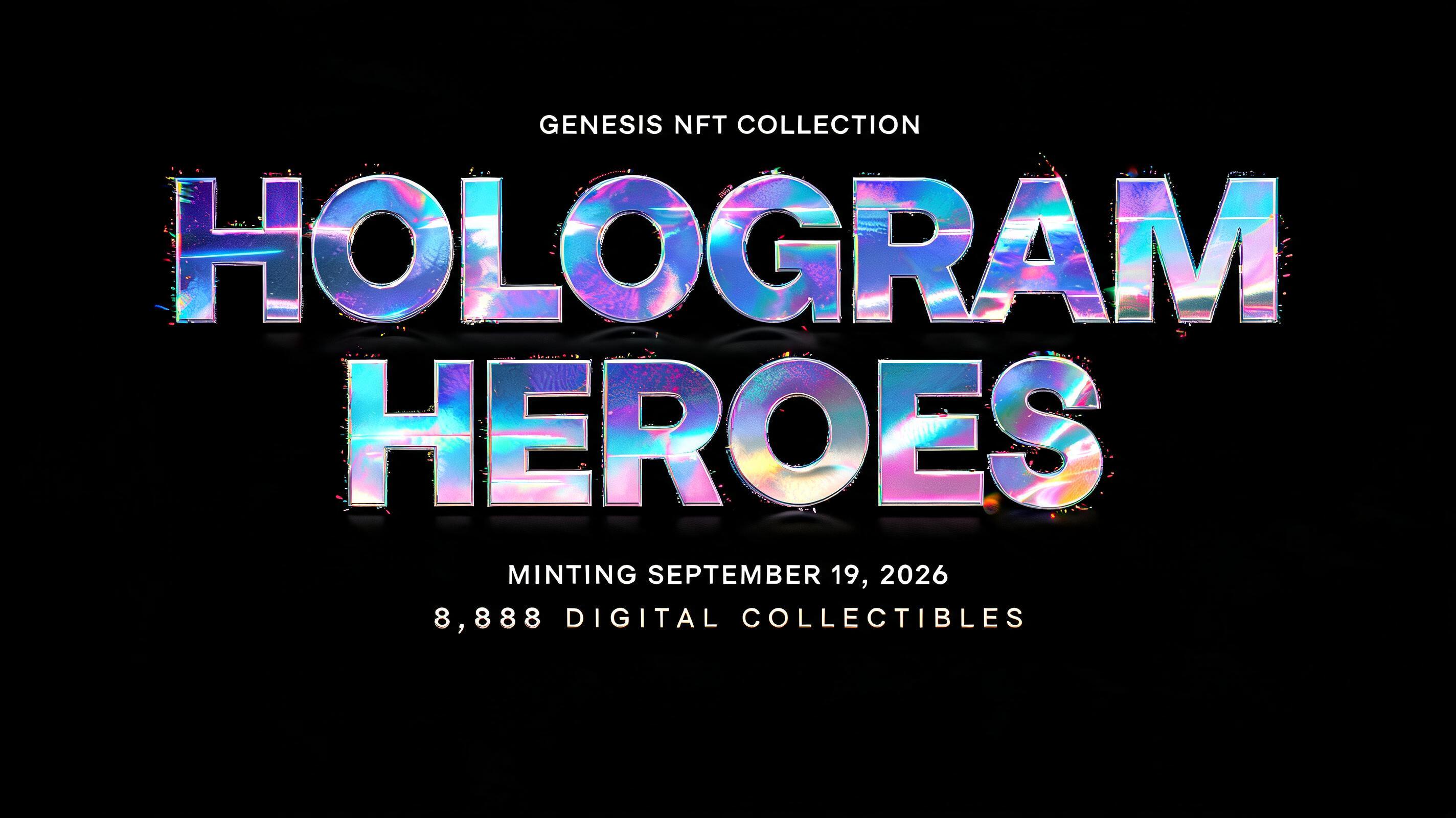 "HOLOGRAM
HEROES
GENESIS NFT COLLECTION
MINTING SEPTEMBER 19, 2026
8,888 DIGITAL COLLECTIBLES" — Holographic | AI Text Effect Generator