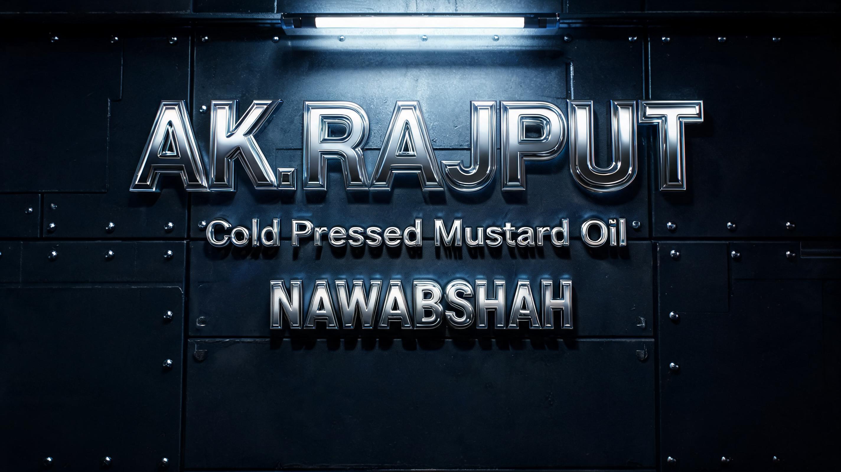 "AK.RAJPUT 
Cold Pressed Mustard Oil
NAWABSHAH" — Chrome Metal 3d | AI Text Effect Generator