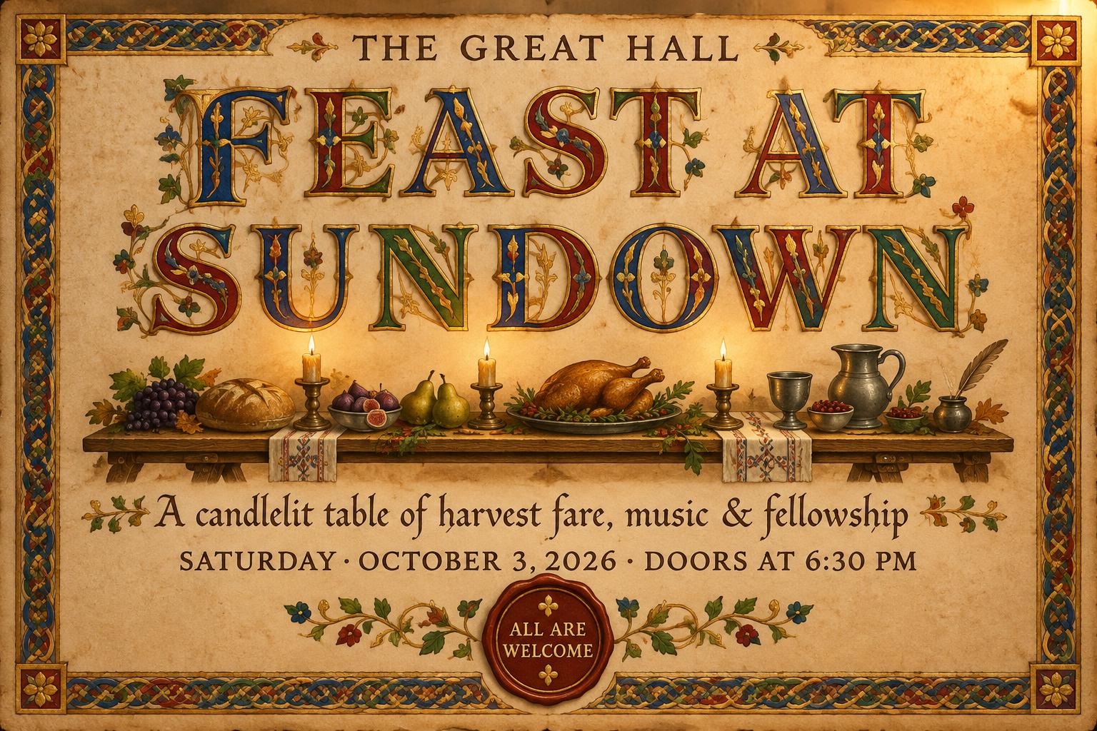 "FEAST AT
SUNDOWN
THE GREAT HALL
A candlelit table of harvest fare, music & fellowship
SATURDAY · OCTOBER 3, 2026 · DOORS AT 6:30 PM
ALL ARE WELCOME" — Medieval | AI Text Effect Generator