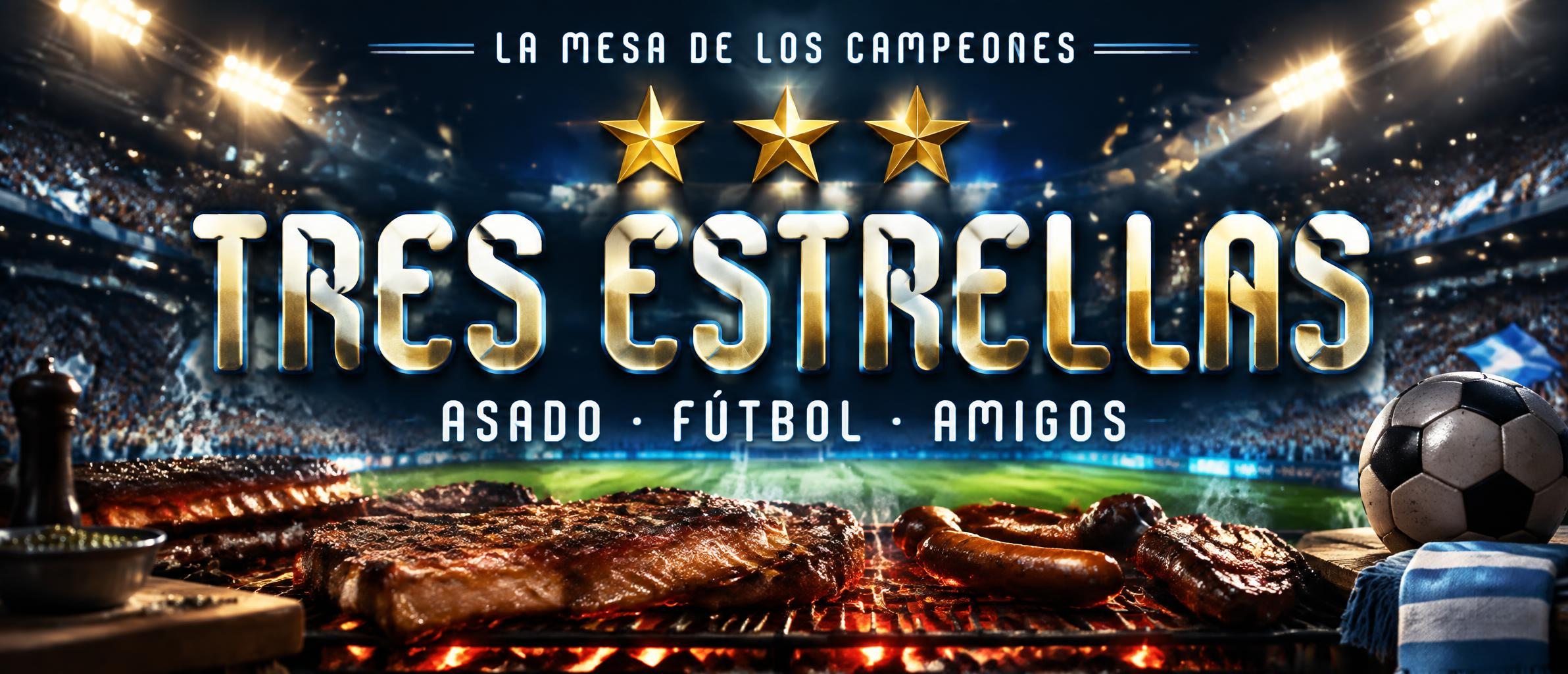 "TRES ESTRELLAS
ASADO · FÚTBOL · AMIGOS
LA MESA DE LOS CAMPEONES" — Sports Football | AI Text Effect Generator