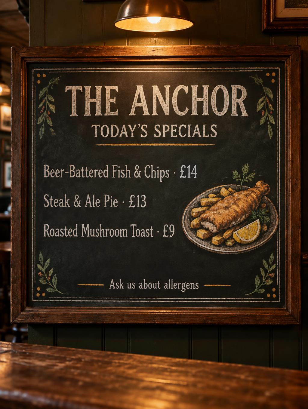 "THE ANCHOR
TODAY’S SPECIALS
Beer-Battered Fish & Chips · £14
Steak & Ale Pie · £13
Roasted Mushroom Toast · £9
Ask us about allergens" — Chalk | AI Text Effect Generator