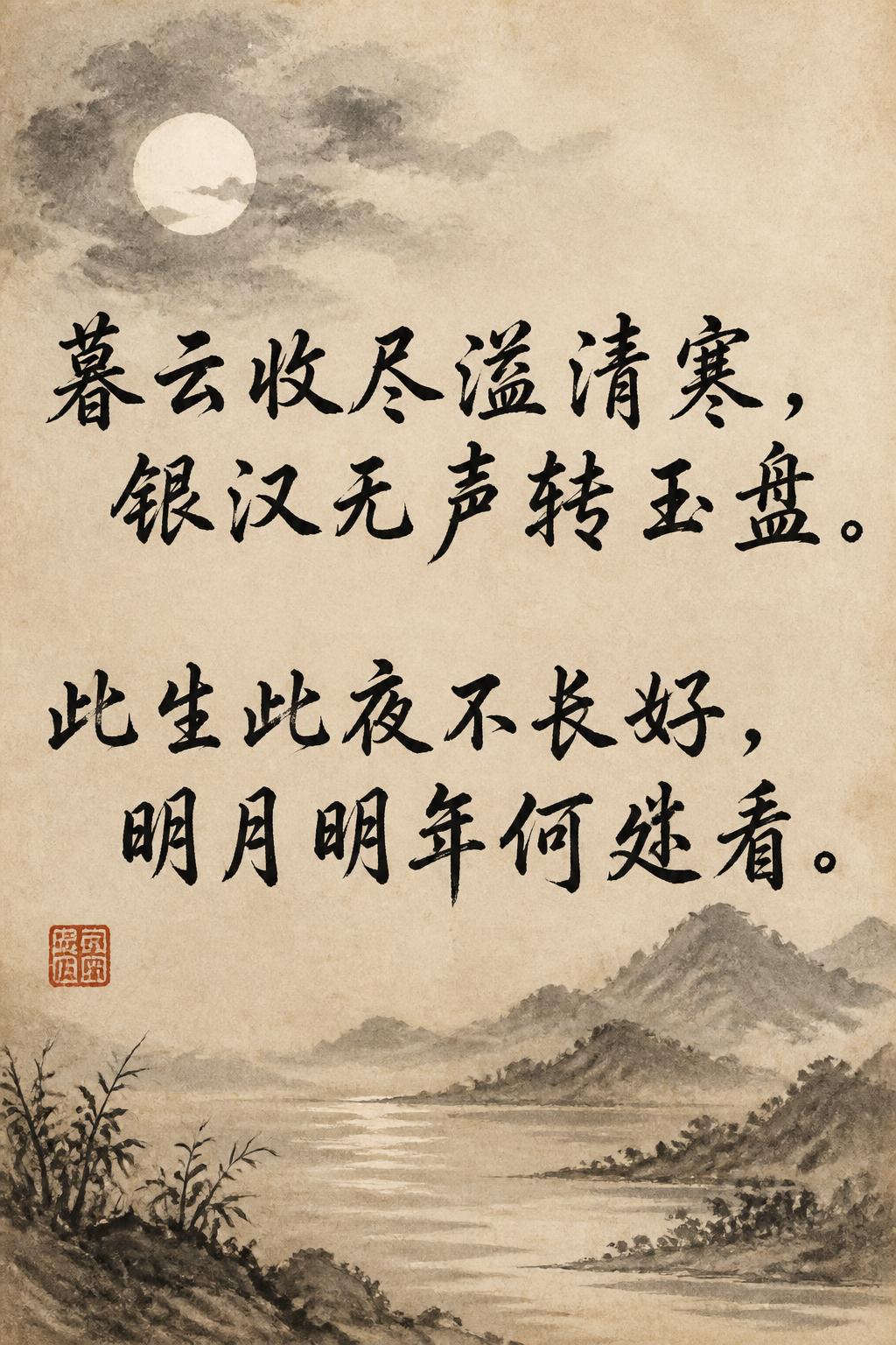 "暮云收尽溢清寒，银汉无声转玉盘。
此生此夜不长好，明月明年何处看。" — Brush Chinese Ink | AI Text Effect Generator