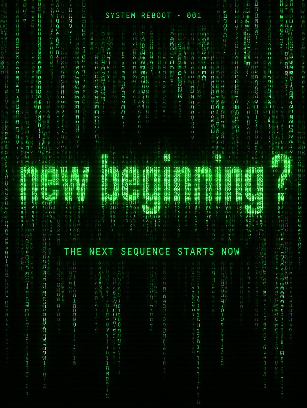 "new beginning ?
SYSTEM REBOOT · 001
THE NEXT SEQUENCE STARTS NOW" — Cyberpunk Data Stream text effect