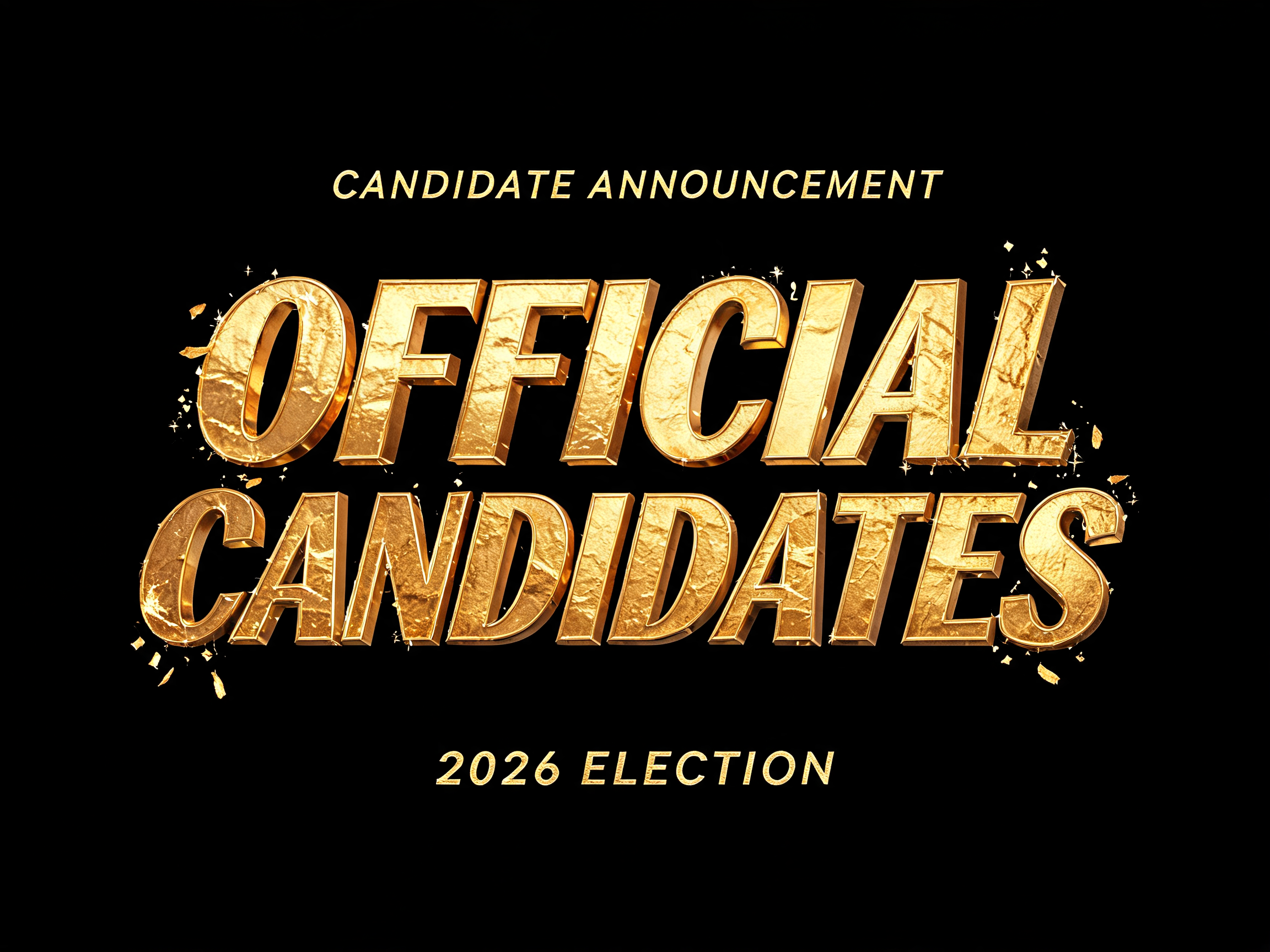 "CANDIDATE ANNOUNCEMENT
OFFICIAL
CANDIDATES
2026 ELECTION" — Luxury Gold text effect