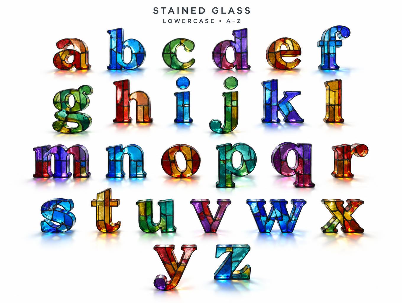 "abcdef
ghijkl
mnopqr
stuvwx
yz
STAINED GLASS
LOWERCASE • A–Z" — Glass Color text effect