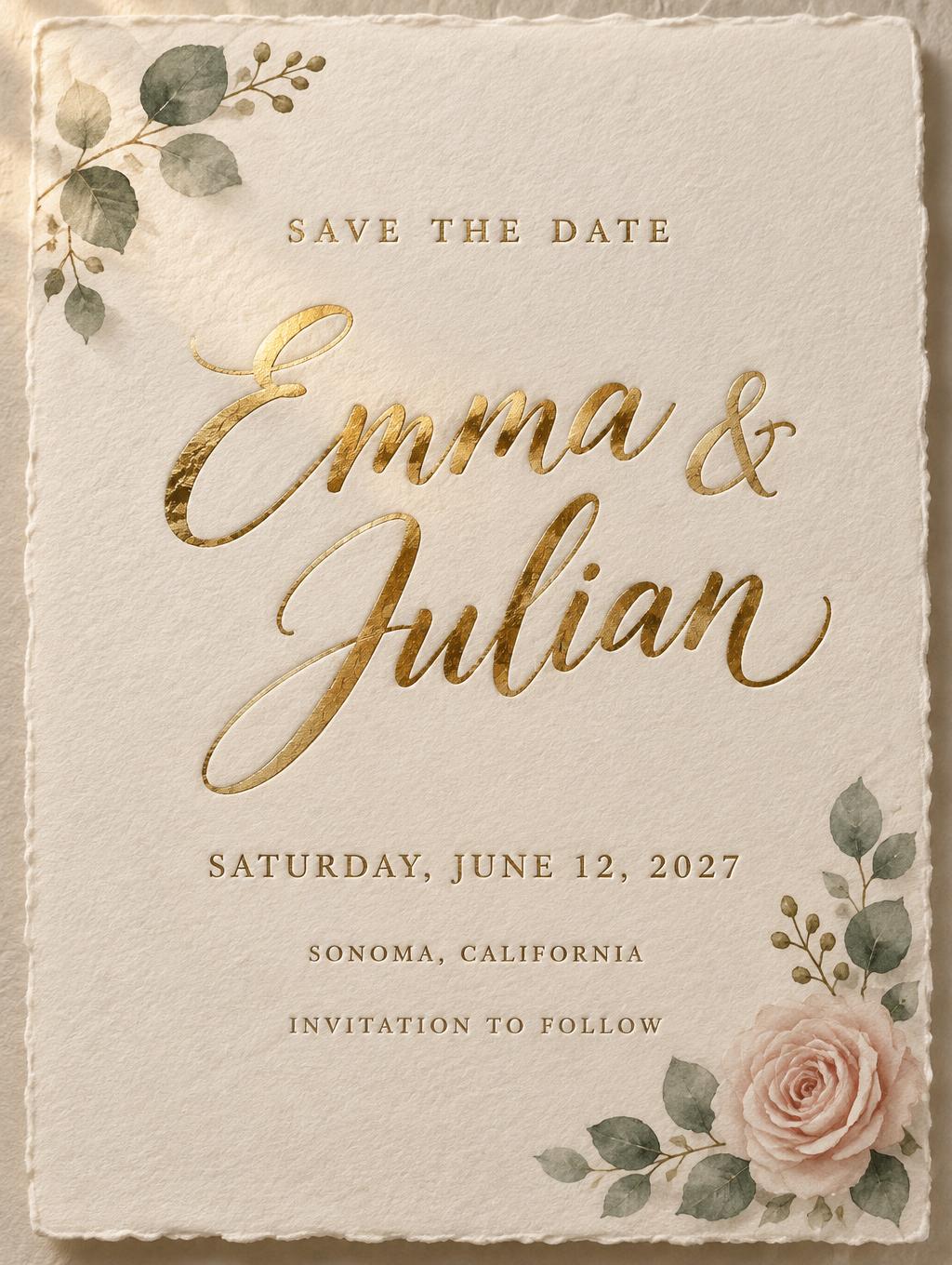 Emma & Julian
SAVE THE DATE
SATURDAY, JUNE 12, 2027
SONOMA, CALIFORNIA
INVITATION TO FOLLOW