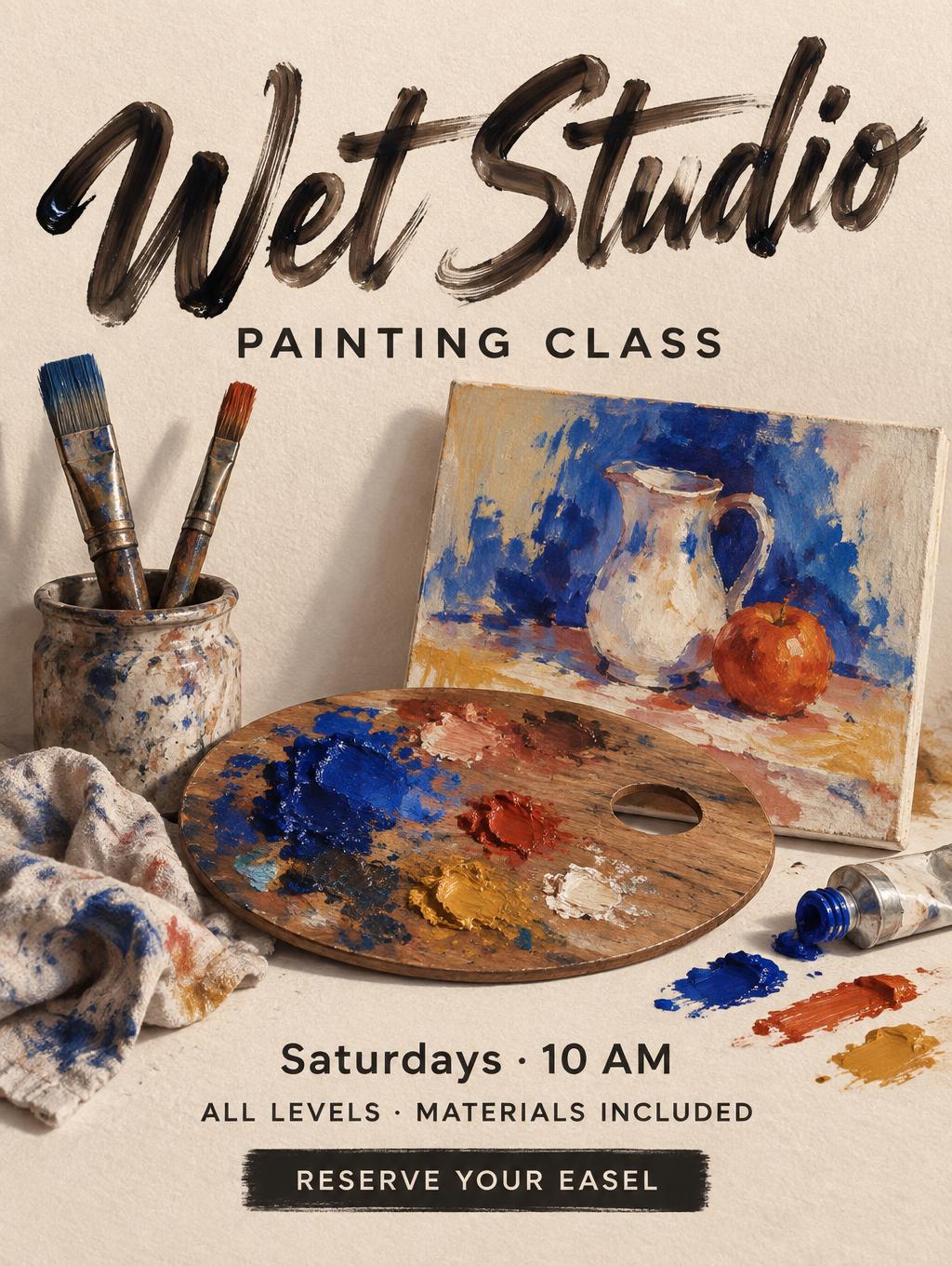 "Wet Studio
PAINTING CLASS
Saturdays · 10 AM
ALL LEVELS · MATERIALS INCLUDED
RESERVE YOUR EASEL" — brush stroke text effect
