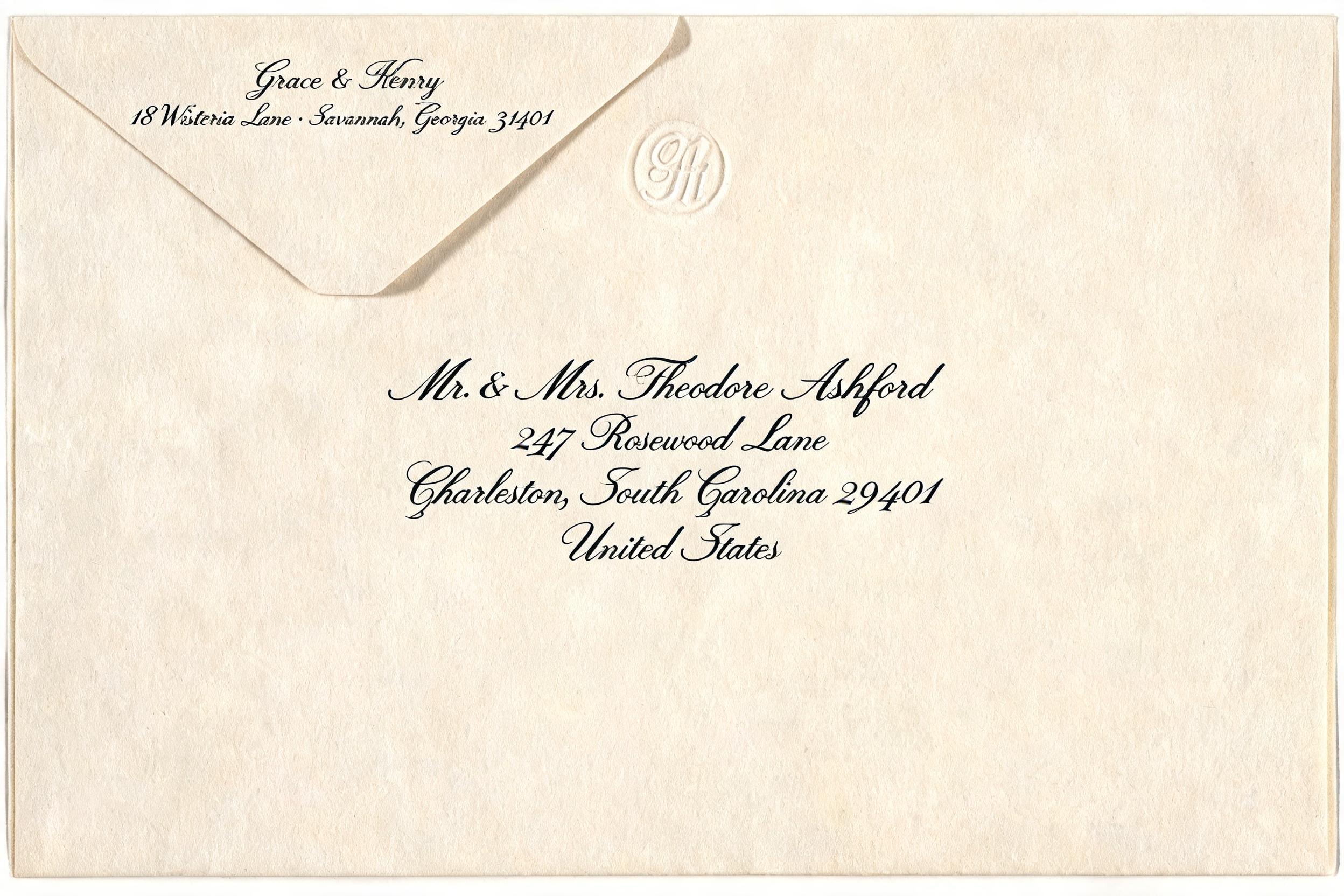 "Can you do a formal envelope address for the invitations of Grace & Henry" — Cursive Calligraphy text effect