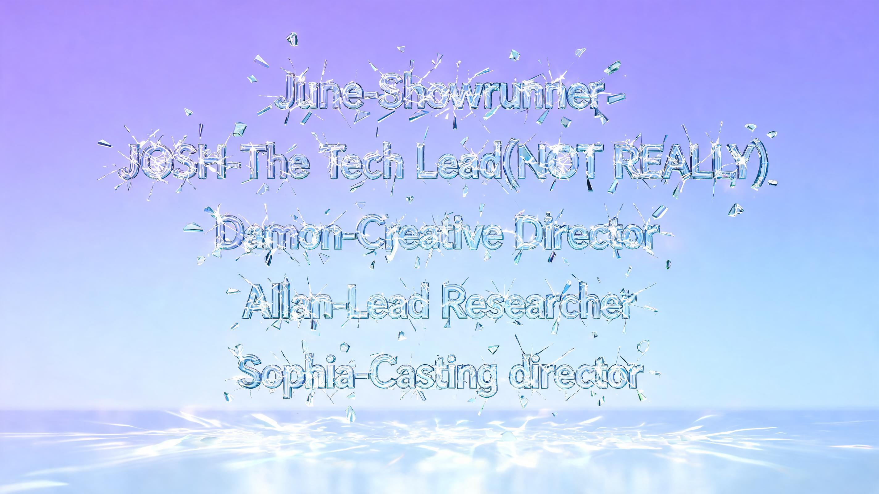 "June-Showrunner
JOSH-The Tech Lead(NOT REALLY)
Damon-Creative Director
Allan-Lead Researcher 
Sophia-Casting director" — Glass | AI Text Effect Generator