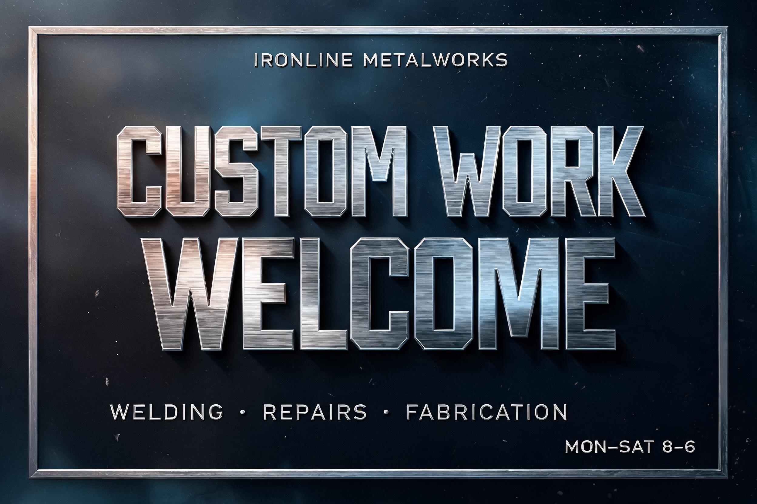 "CUSTOM WORK
WELCOME
IRONLINE METALWORKS
WELDING  •  REPAIRS  •  FABRICATION
MON–SAT 8–6" — Metallic | AI Text Effect Generator