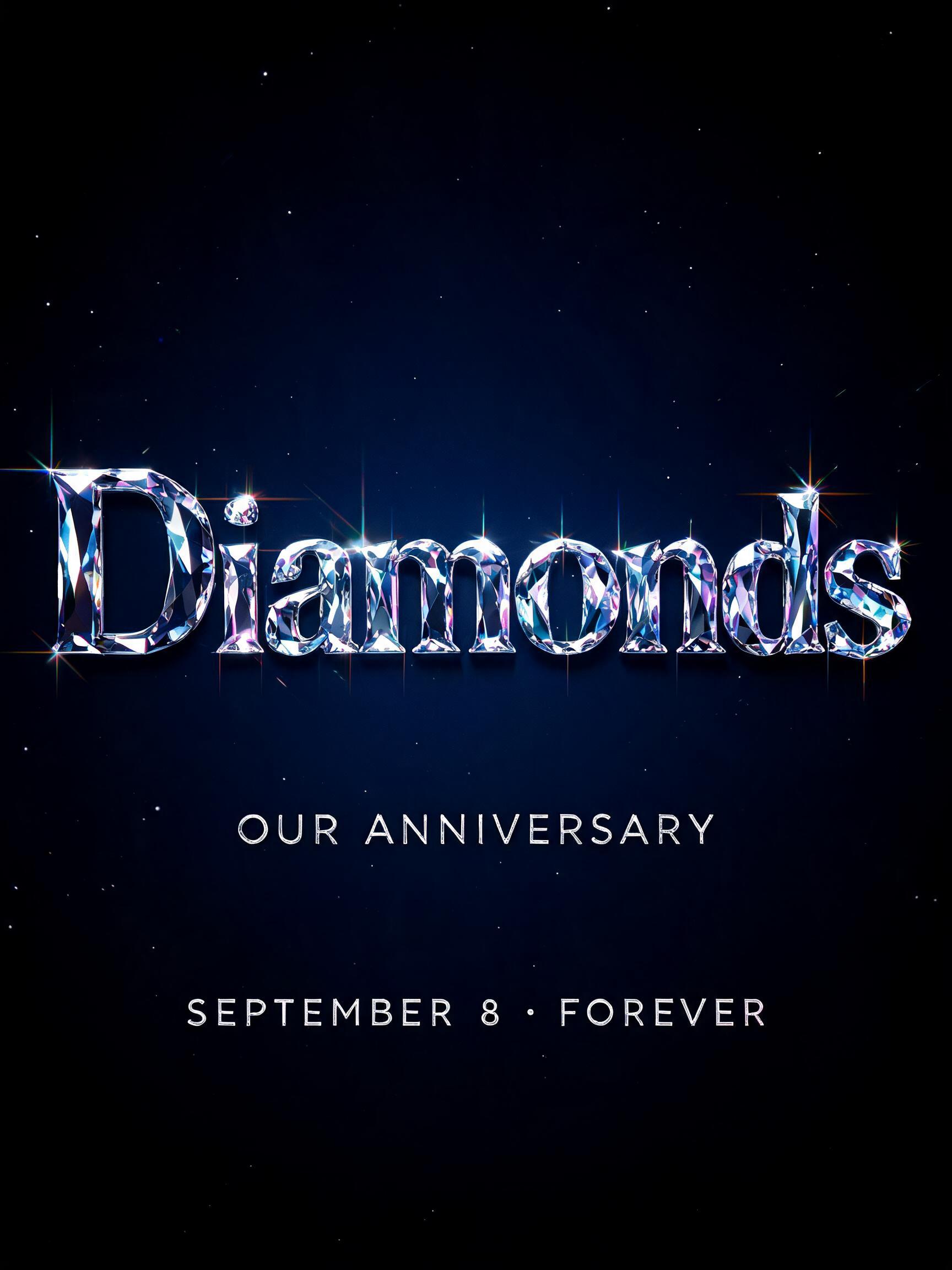 "Diamonds
OUR ANNIVERSARY
SEPTEMBER 8 · FOREVER" — Glass Crystal | AI Text Effect Generator