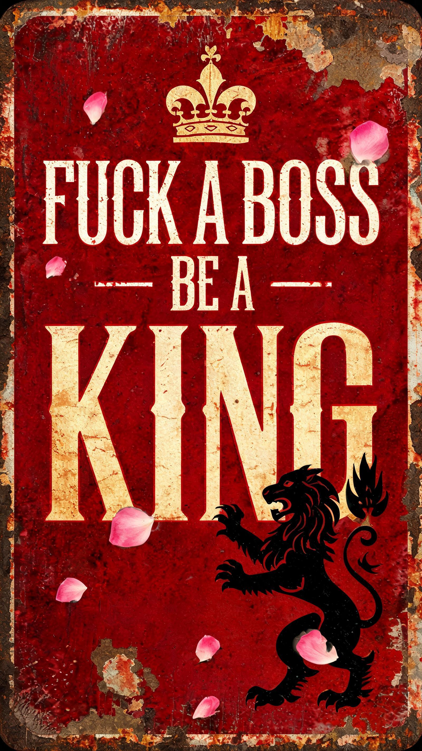 "Crown font that says "Fuck a boss be a KING", and has a black or white lion incorporated in it" — Vintage | AI Text Effect Generator