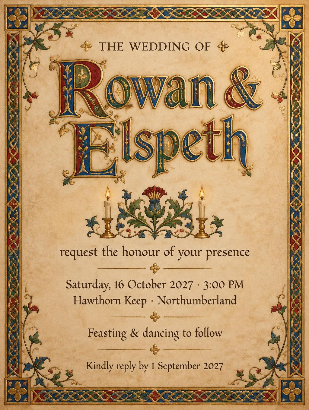 "THE WEDDING OF
Rowan & Elspeth
request the honour of your presence
Saturday, 16 October 2027 · 3:00 PM
Hawthorn Keep · Northumberland
Feasting & dancing to follow
Kindly reply by 1 September 2027" — Medieval | AI Text Effect Generator
