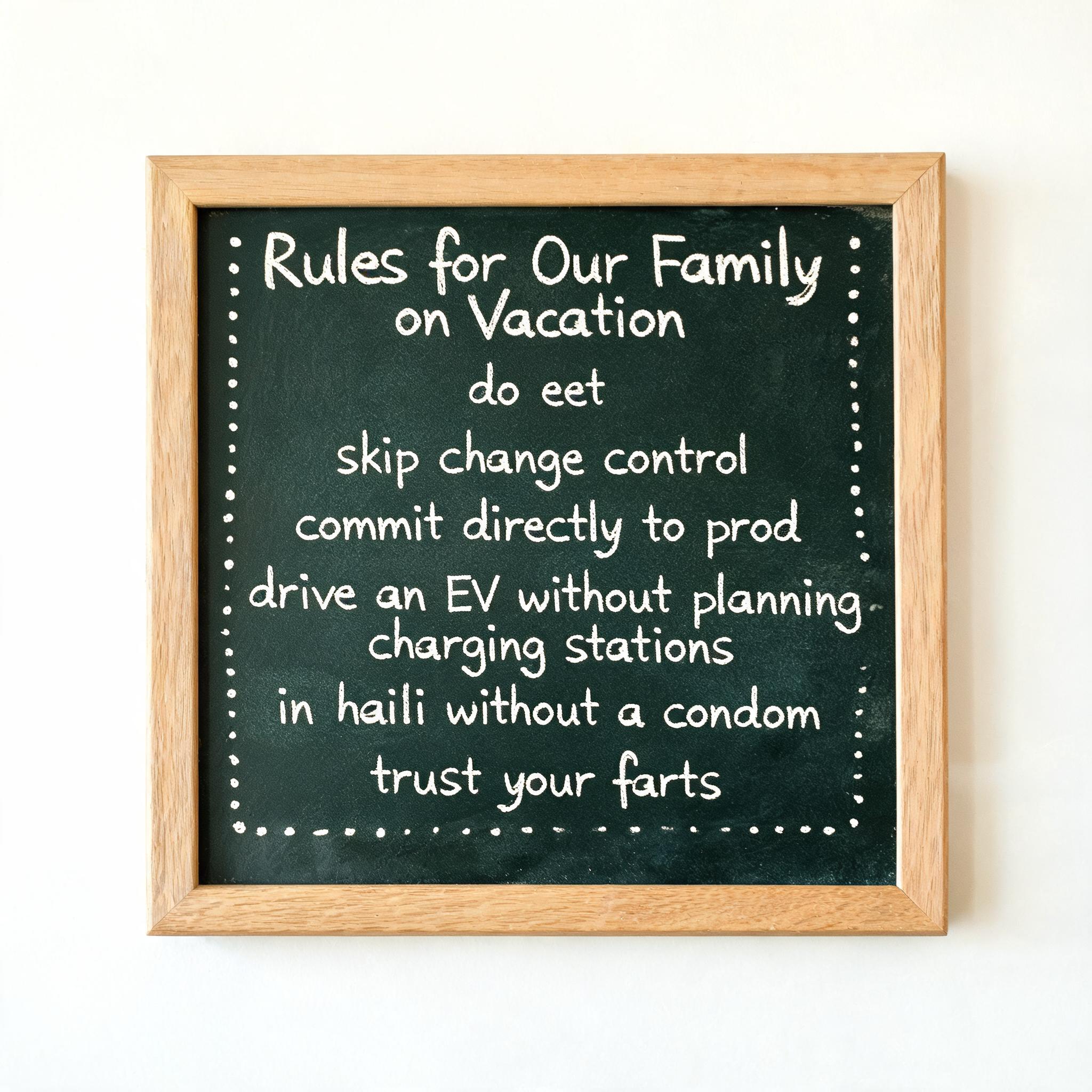 "Rules for Our Family on Vacation
do eet
skip change control
commit directly to prod
drive an EV without planning charging stations
in haiti without a condom
trust your farts" — Chalk | AI Text Effect Generator