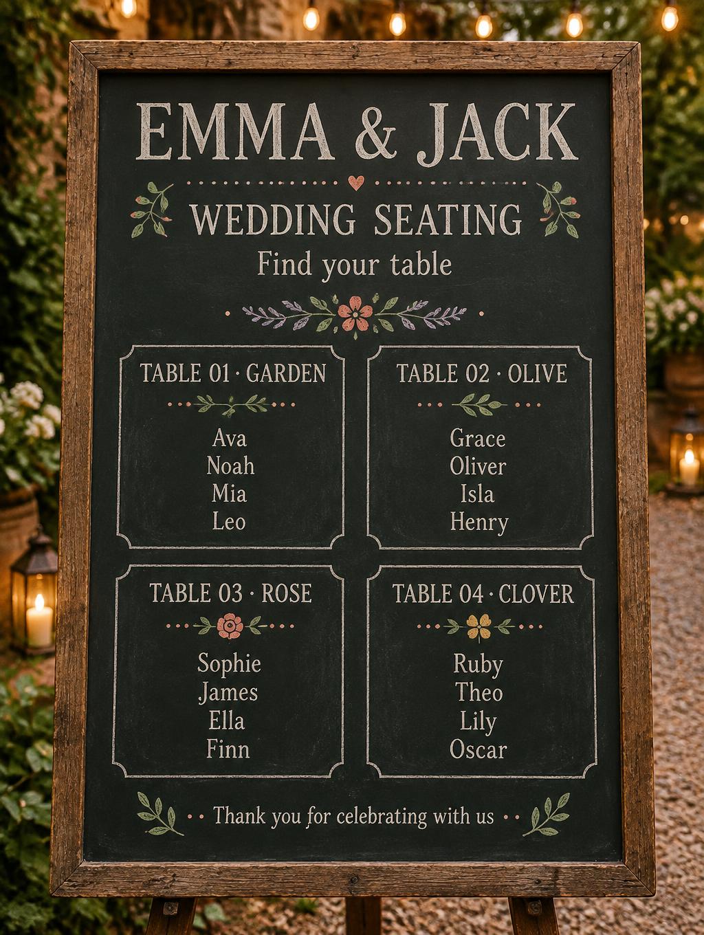 "EMMA & JACK
WEDDING SEATING
Find your table
TABLE 01 · GARDEN
Ava · Noah · Mia · Leo
TABLE 02 · OLIVE
Grace · Oliver · Isla · Henry
TABLE 03 · ROSE
Sophie · James · Ella · Finn
TABLE 04 · CLOVER
Ruby · Theo · Lily · Oscar
Thank you for celebrating with us" — Chalk | AI Text Effect Generator
