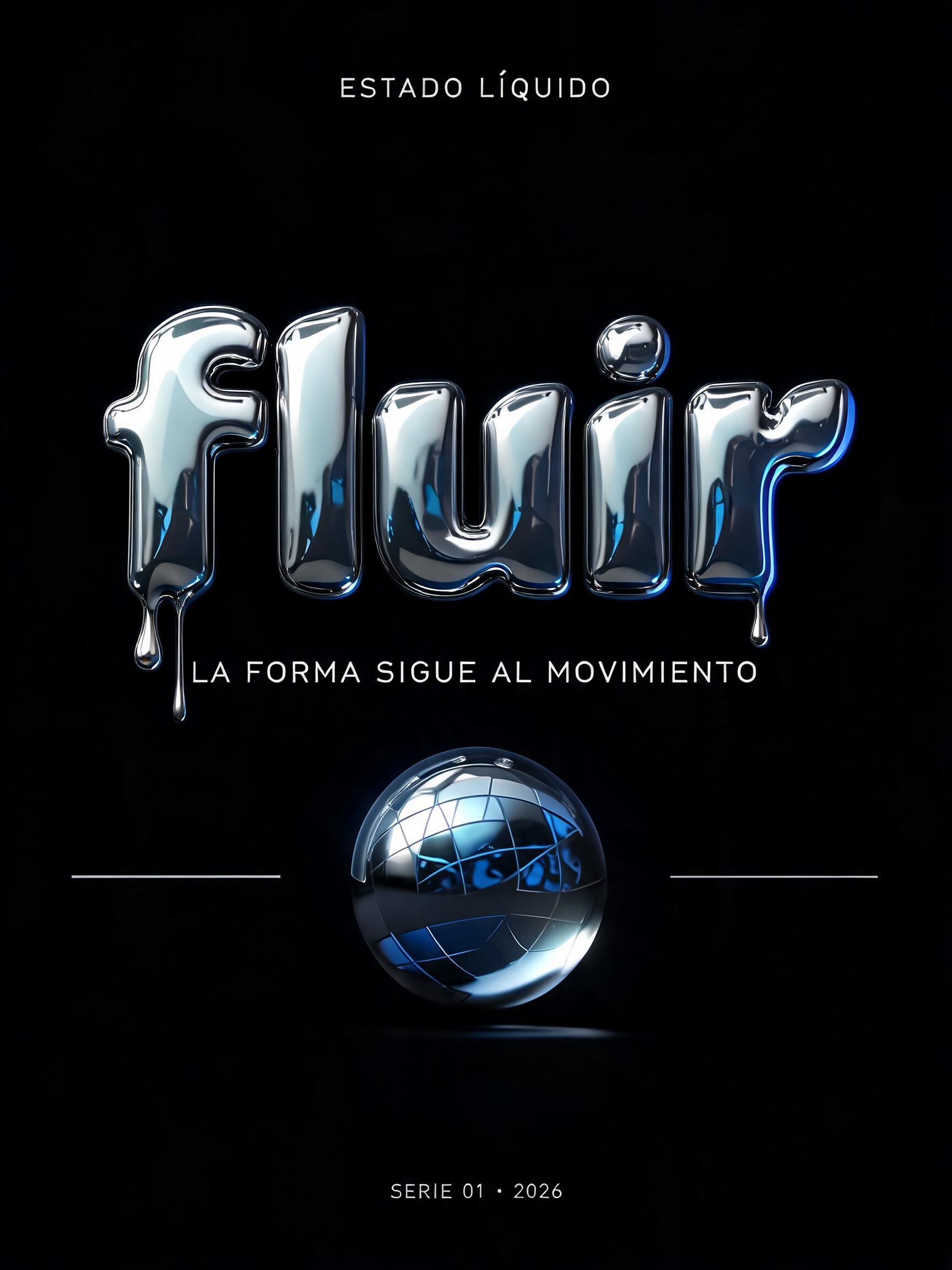 "Fluir
ESTADO LÍQUIDO
LA FORMA SIGUE AL MOVIMIENTO
SERIE 01 · 2026" — Chrome Metal 3d | AI Text Effect Generator