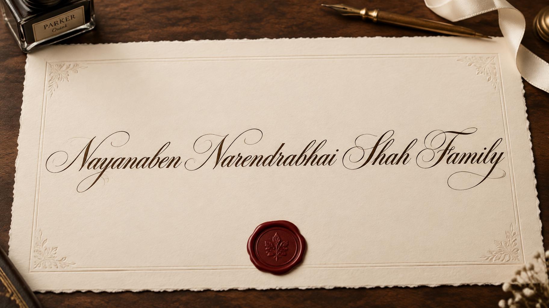"Nayanaben Narendrabhai Shah Family" — Cursive Calligraphy text effect