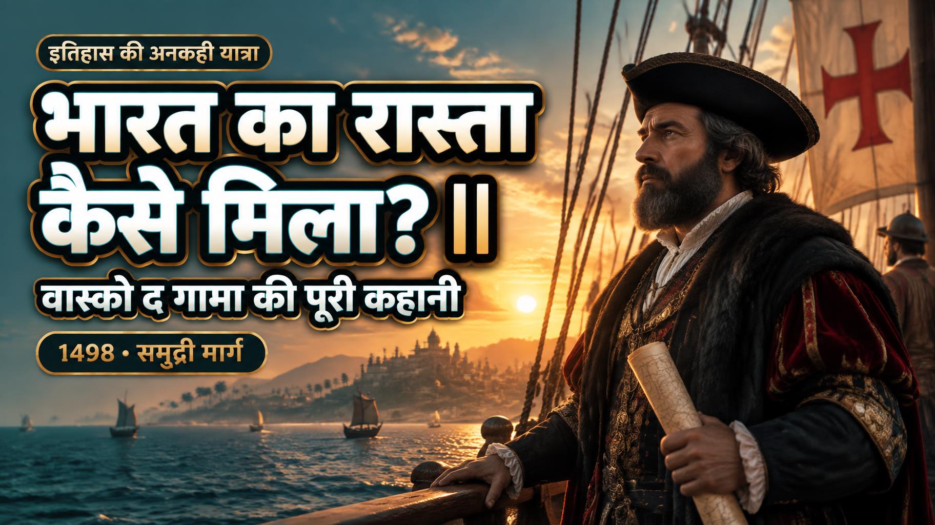 "भारत का रास्ता कैसे मिला? ||
वास्को द गामा की पूरी कहानी
इतिहास की अनकही यात्रा
1498 • समुद्री मार्ग" — Cinematic Youtube Creator | AI Text Effect Generator