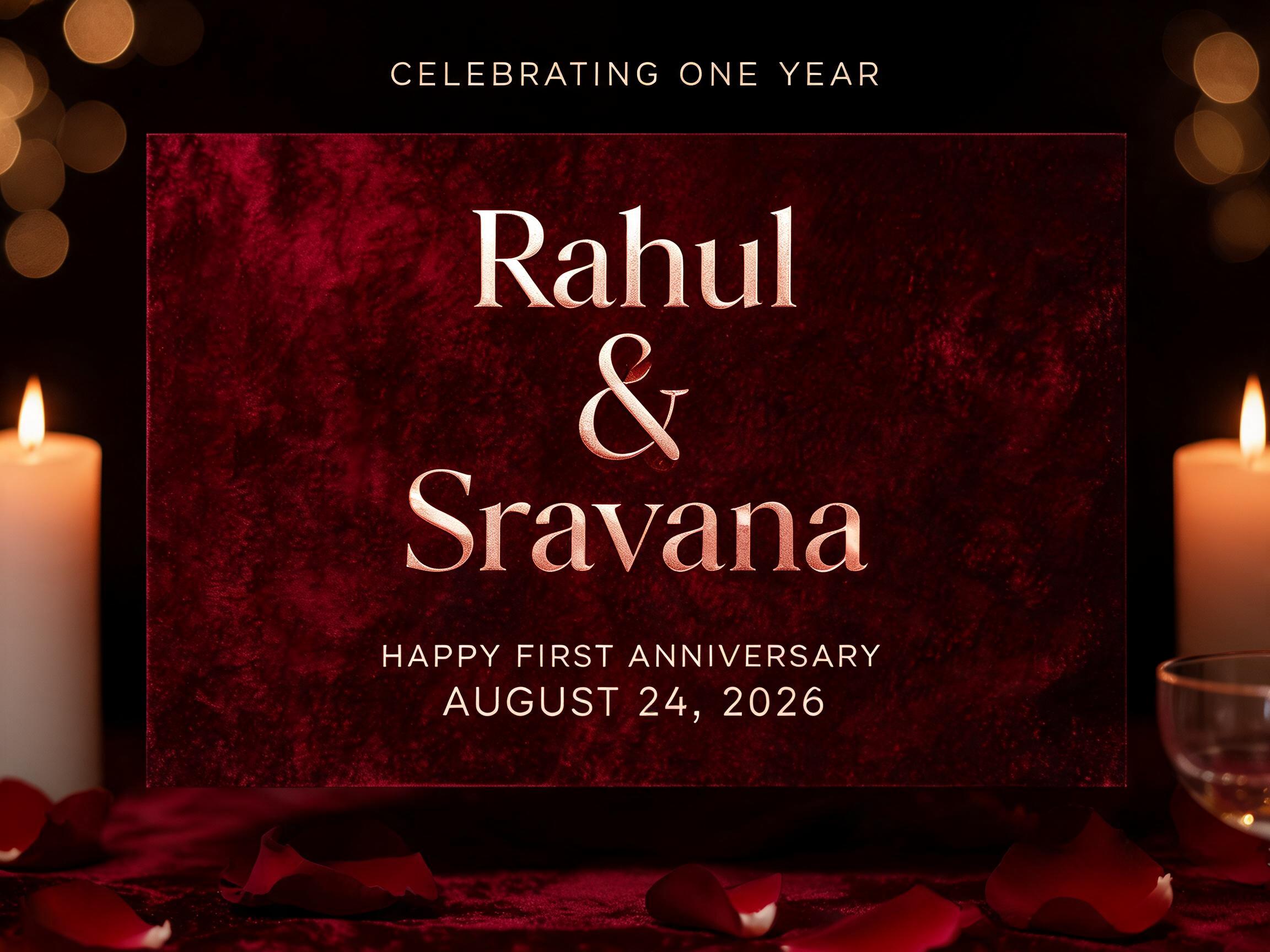 "Design an anniversary card for the 1st of Rahul&Sravana" — Anniversary text effect