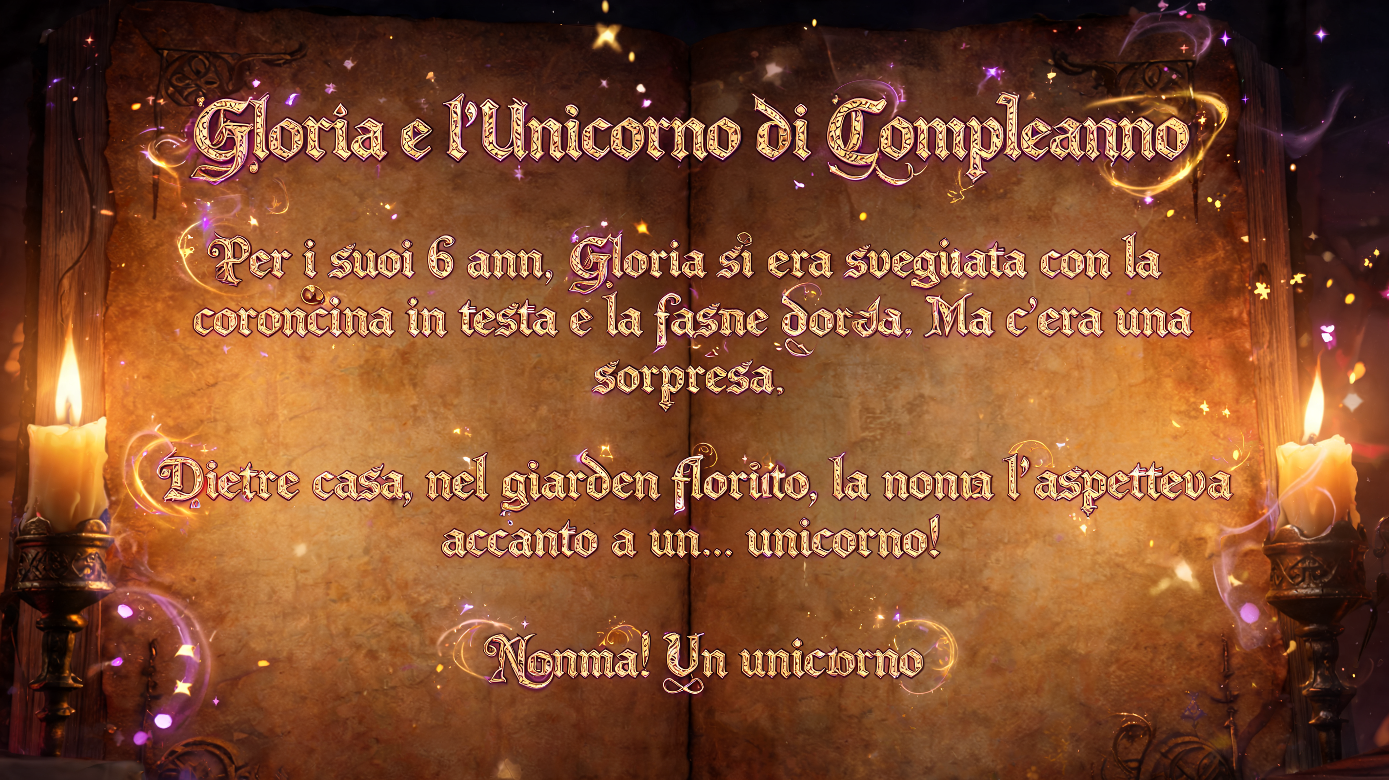 Gloria e l'Unicorno di Compleanno

Per i suoi 6 anni, Gloria si era svegliata con la coroncina in testa e la fascia dorata. Ma c'era una sorpresa.

Dietro casa, nel giardino fiorito, la nonna l'aspettava accanto a un... unicorno!

"Nonna! Un unicorno