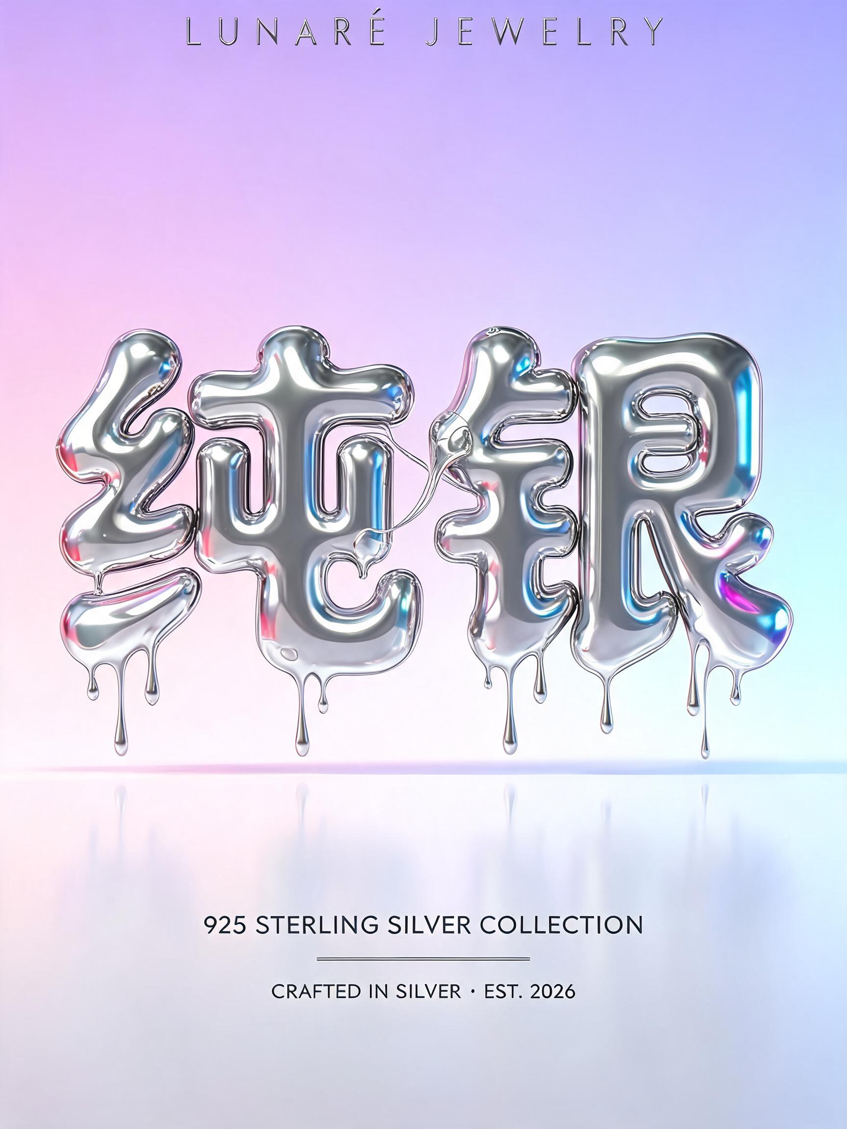 "纯银
LUNARÉ JEWELRY
925 STERLING SILVER COLLECTION
CRAFTED IN SILVER · EST. 2026" — Y2k Liquid | AI Text Effect Generator