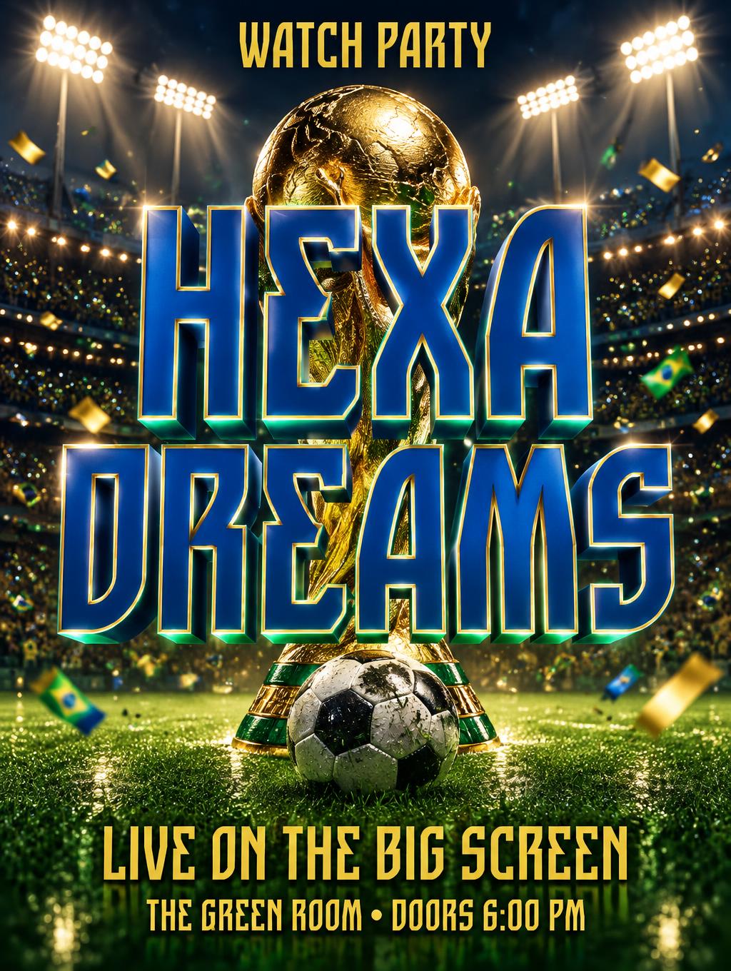 "HEXA
DREAMS
WATCH PARTY
LIVE ON THE BIG SCREEN
THE GREEN ROOM • DOORS 6:00 PM" — Sports Football | AI Text Effect Generator