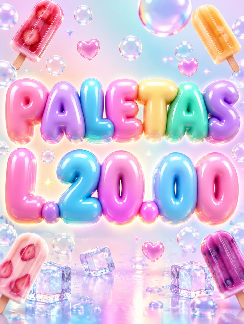 "PALETAS L.20.00" — Bubble text effect