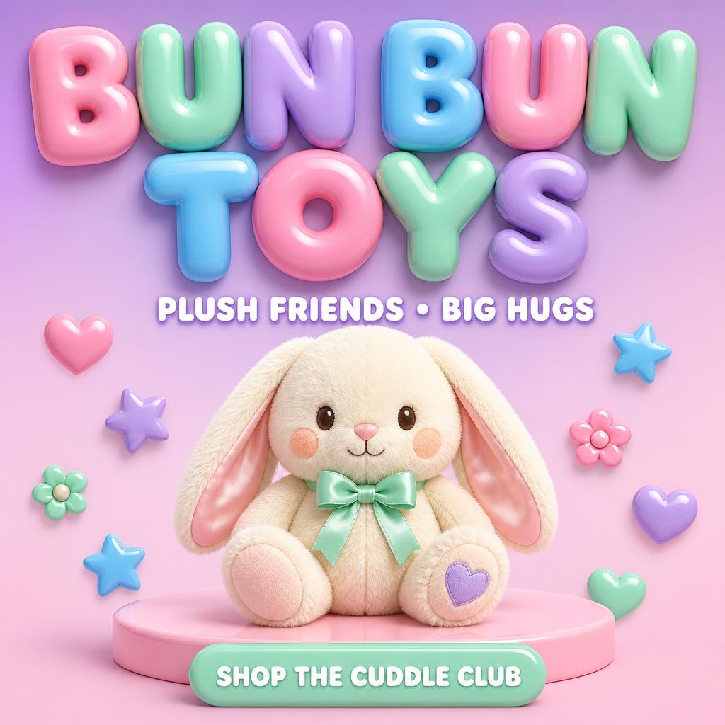 "BUN BUN
TOYS
PLUSH FRIENDS • BIG HUGS
SHOP THE CUDDLE CLUB" — 3d Bold Inflated text effect