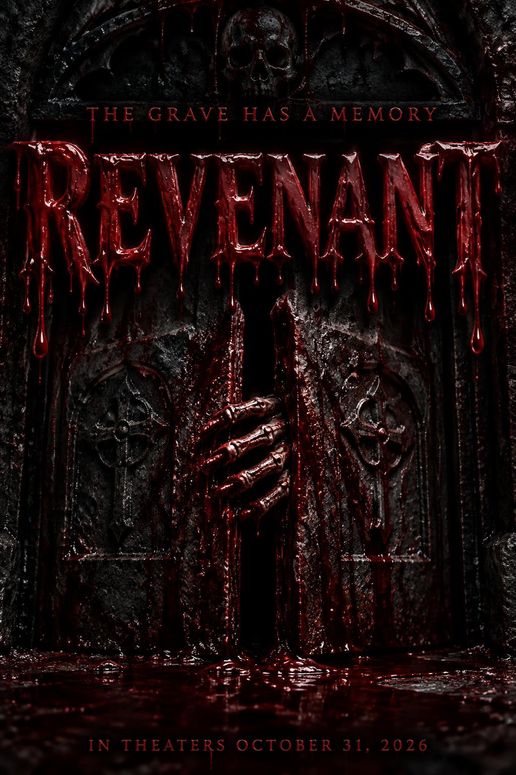 "REVENANT
THE GRAVE HAS A MEMORY
IN THEATERS OCTOBER 31, 2026" — Drip Font Blood | AI Text Effect Generator