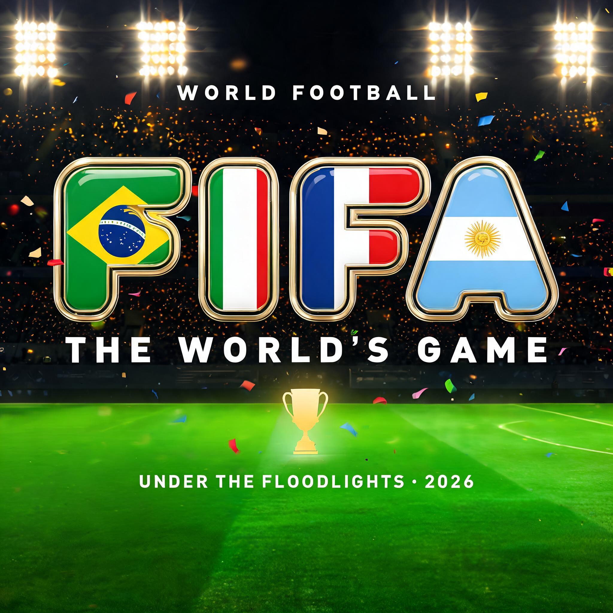 "FIFA
THE WORLD’S GAME
WORLD FOOTBALL
UNDER THE FLOODLIGHTS • 2026" — Sports Football | AI Text Effect Generator