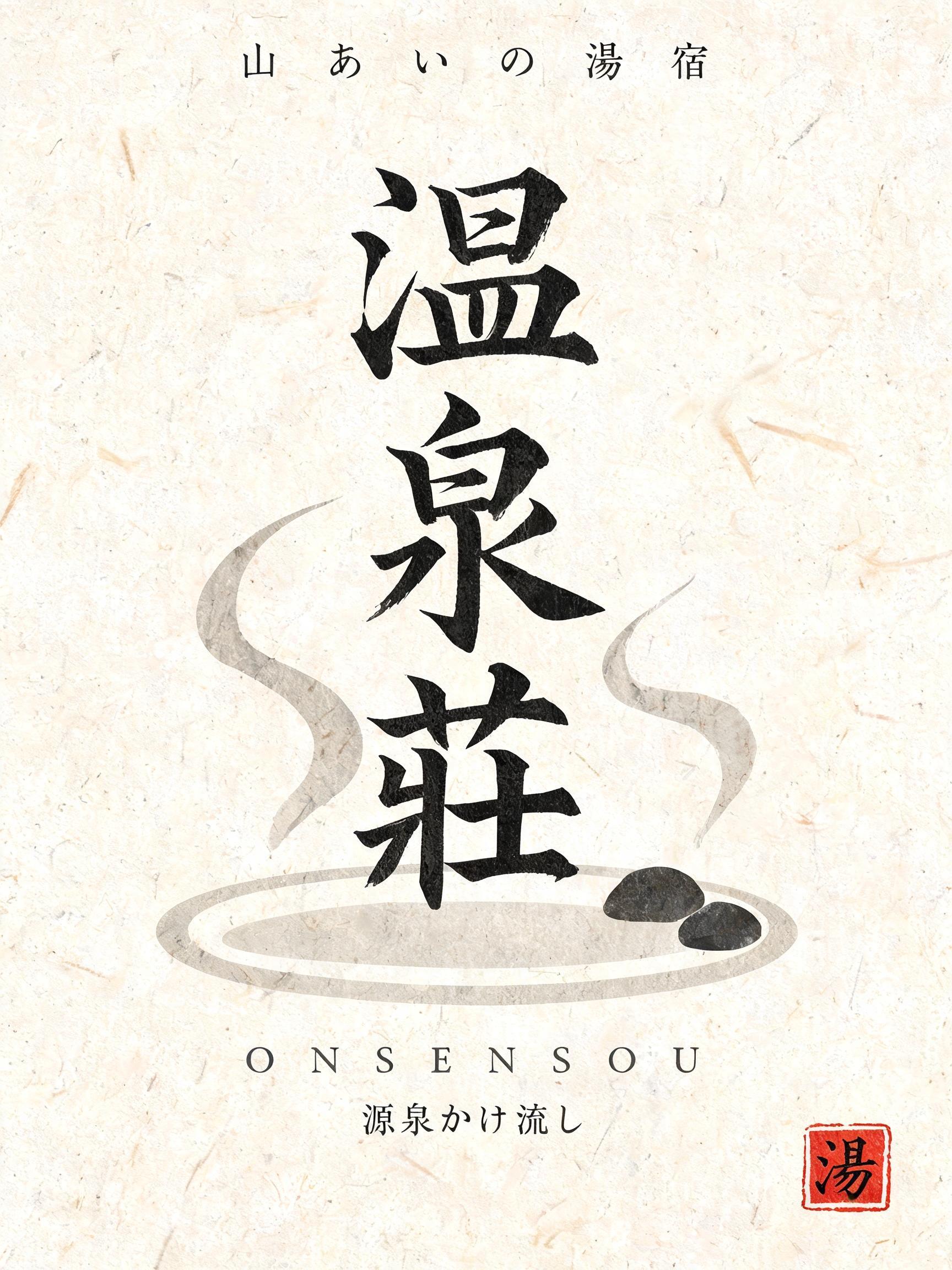 "温泉荘
山あいの湯宿
ONSENSOU
源泉かけ流し
湯" — Brush Japanese Ink | AI Text Effect Generator
