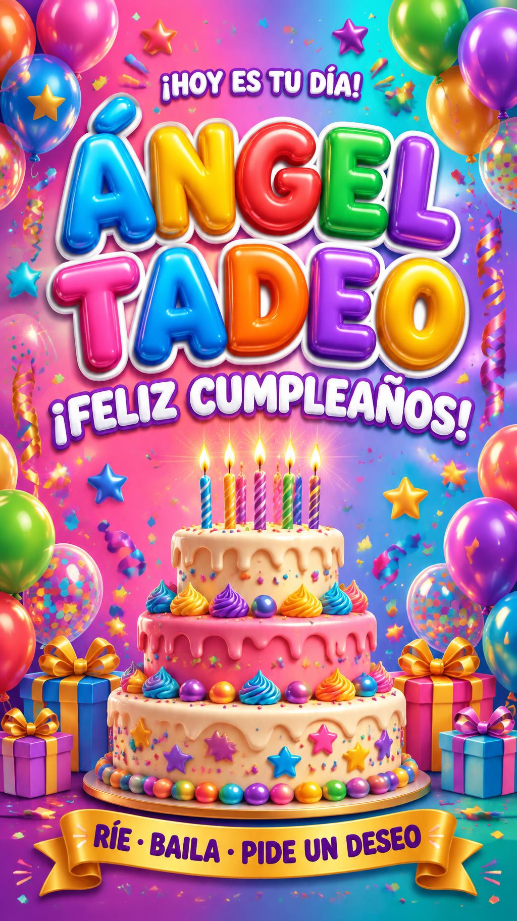 "ÁNGEL TADEO
¡FELIZ CUMPLEAÑOS!
¡HOY ES TU DÍA!
RÍE · BAILA · PIDE UN DESEO" — Birthday | AI Text Effect Generator