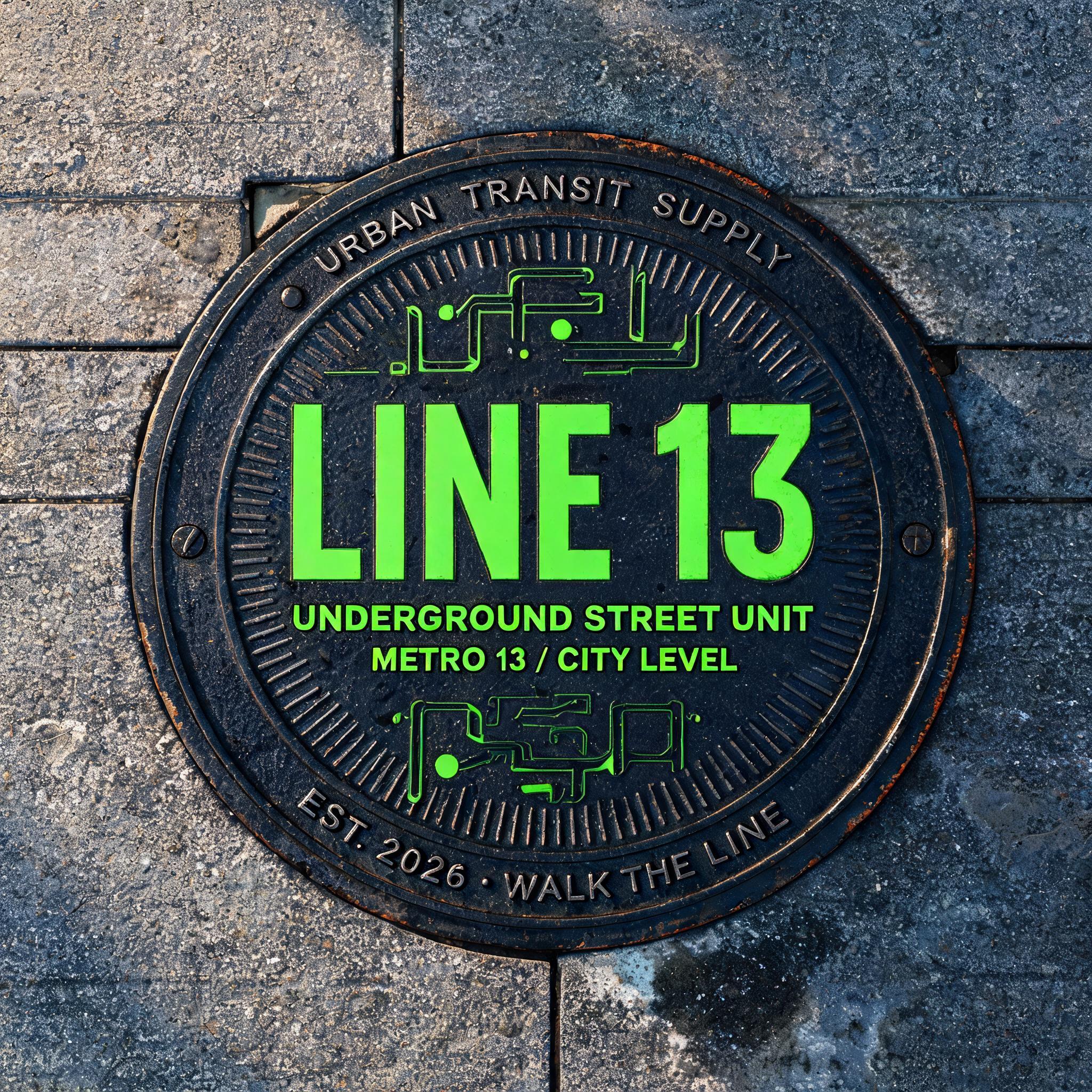 "LINE 13
UNDERGROUND STREET UNIT
METRO 13 / CITY LEVEL
URBAN TRANSIT SUPPLY
EST. 2026 · WALK THE LINE" — Stencil | AI Text Effect Generator