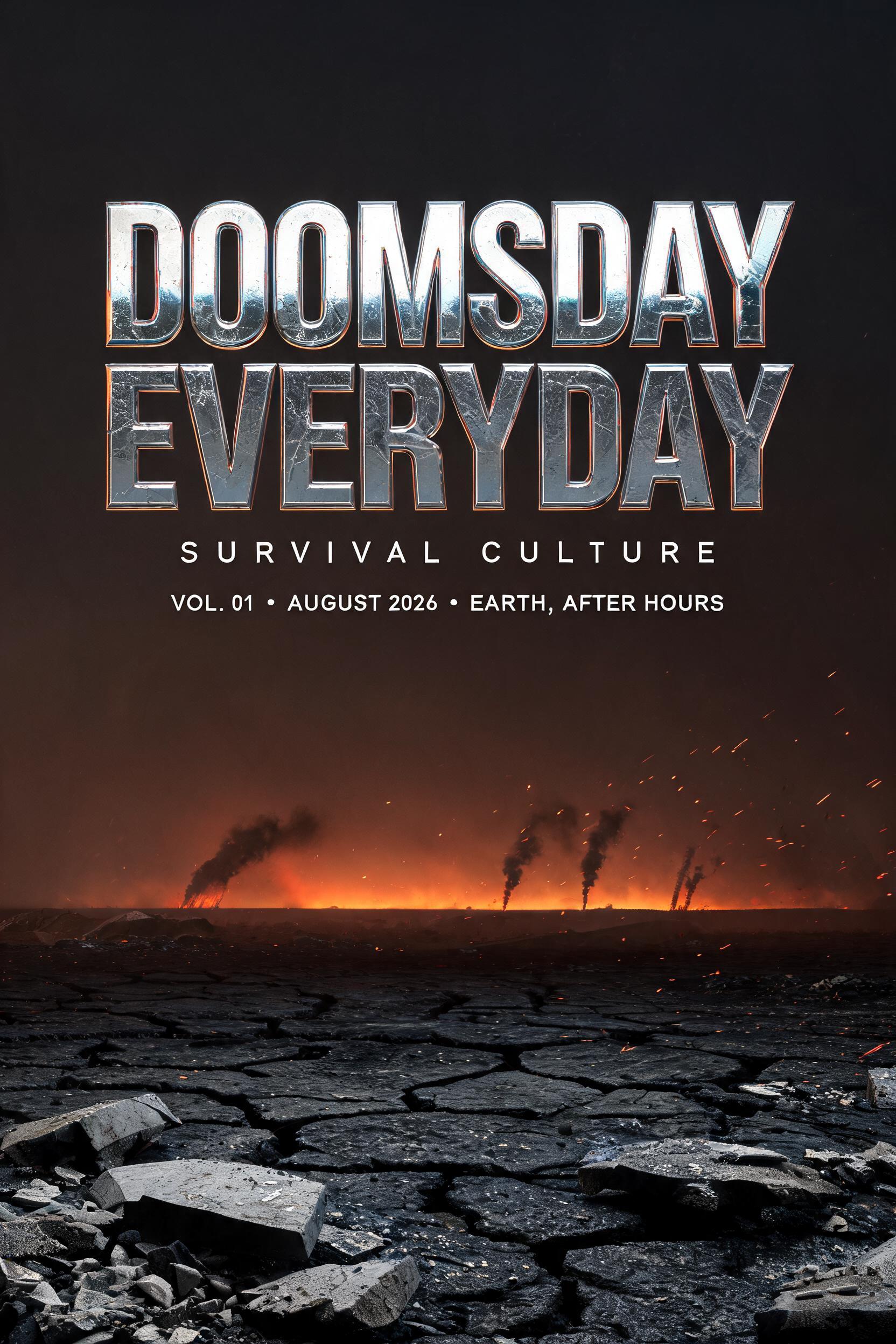 "DOOMSDAY
EVERYDAY
SURVIVAL CULTURE
VOL. 01  •  AUGUST 2026  •  EARTH, AFTER HOURS" — Post Apocalyptic text effect