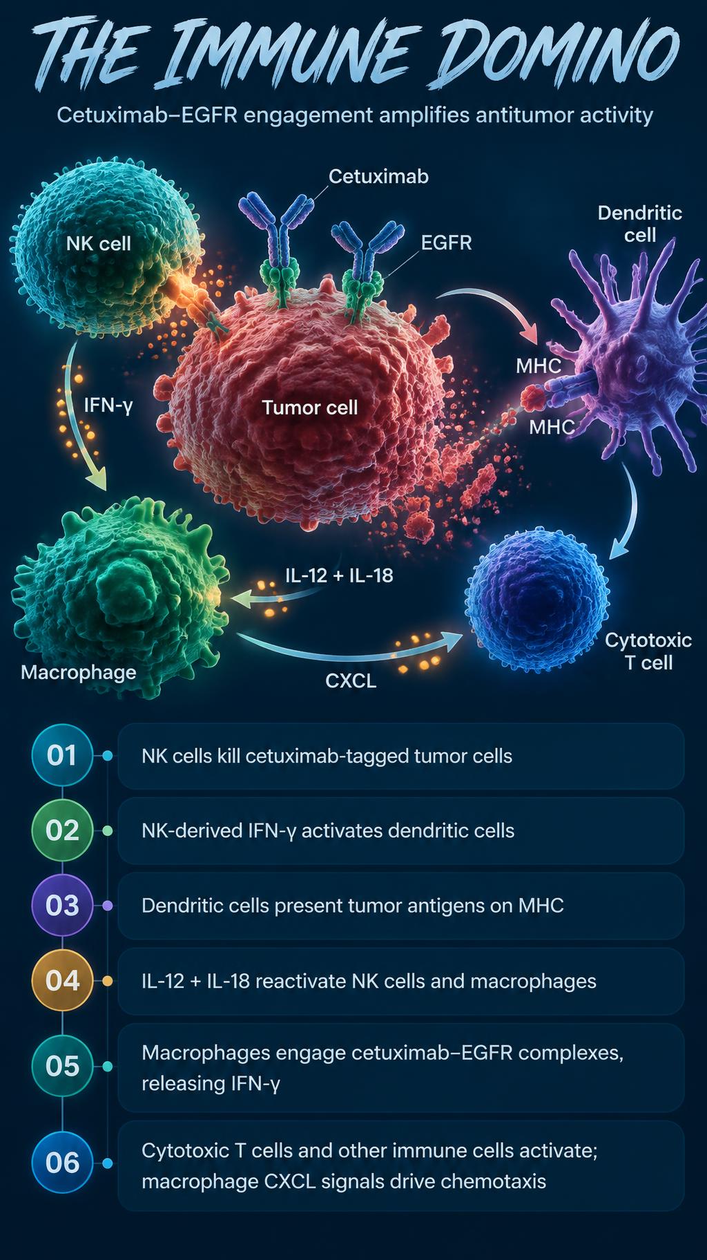 "THE IMMUNE DOMINO
Cetuximab–EGFR engagement amplifies antitumor activity
01  NK cells kill cetuximab-tagged tumor cells
02  NK-derived IFN-γ activates dendritic cells
03  Dendritic cells present tumor antigens on MHC
04  IL-12 + IL-18 reactivate NK cells and macrophages
05  Macrophages engage cetuximab–EGFR complexes, releasing IFN-γ
06  Cytotoxic T cells and other immune cells activate; macrophage CXCL signals drive chemotaxis" — Biomedical Signal Map | AI Text Effect Generator