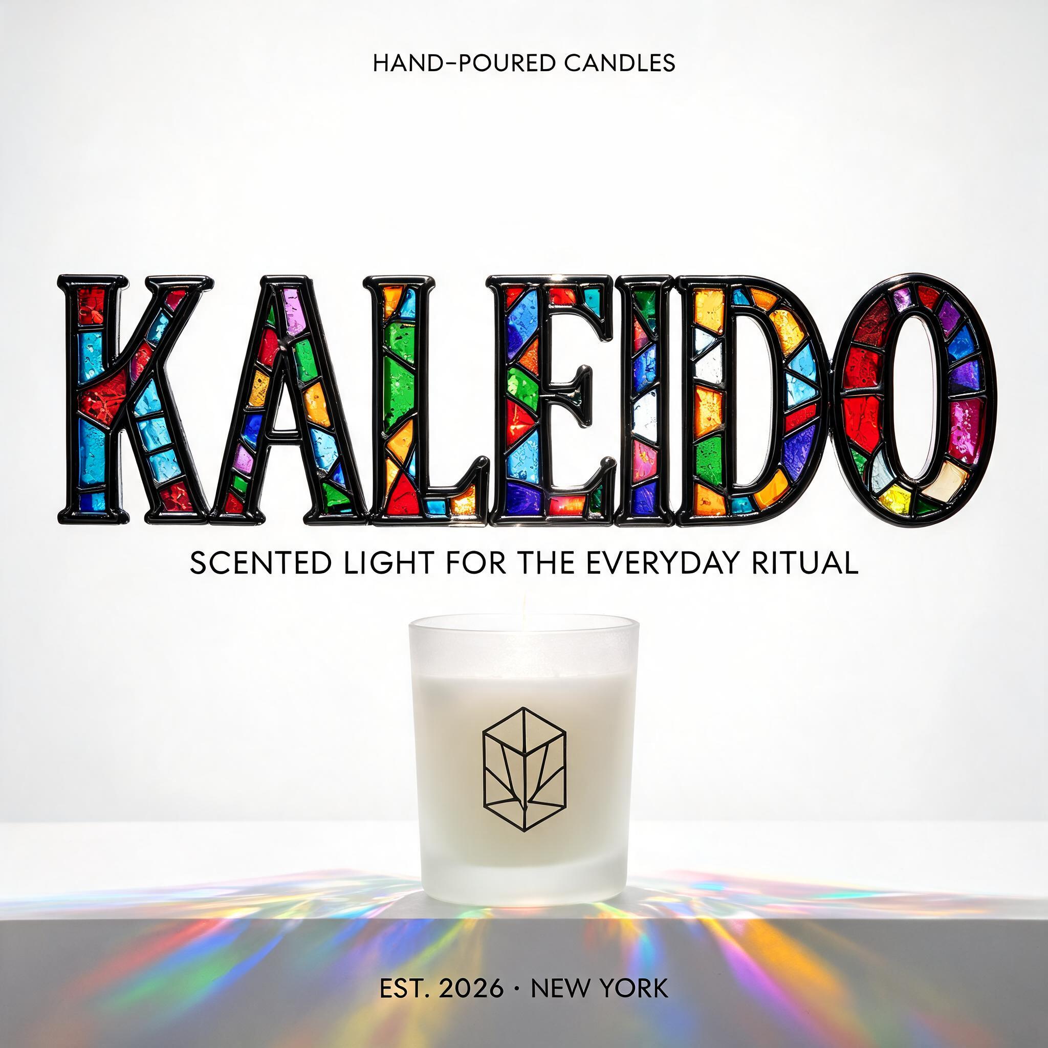 "KALEIDO
HAND-POURED CANDLES
SCENTED LIGHT FOR THE EVERYDAY RITUAL
EST. 2026 · NEW YORK" — Glass Color text effect