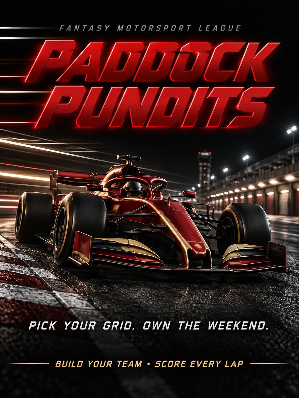 "PADDOCK PUNDITS
FANTASY MOTORSPORT LEAGUE
PICK YOUR GRID. OWN THE WEEKEND.
BUILD YOUR TEAM • SCORE EVERY LAP" — Racing | AI Text Effect Generator