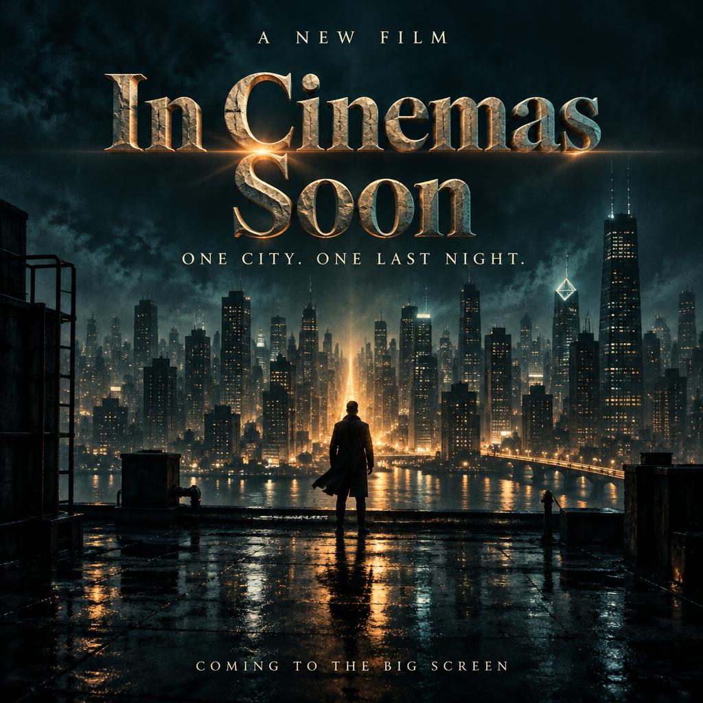 "In Cinemas Soon
A NEW FILM
ONE CITY. ONE LAST NIGHT.
COMING TO THE BIG SCREEN" — Cinematic | AI Text Effect Generator