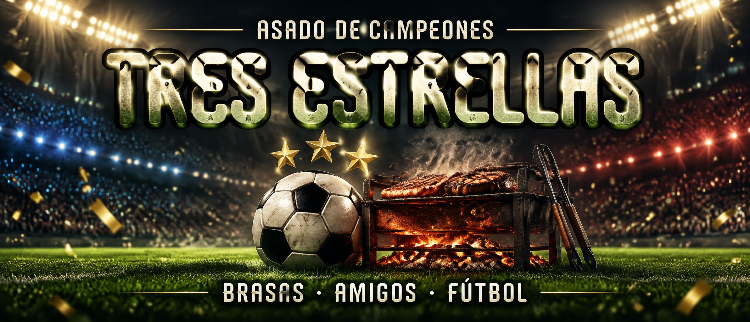 "TRES ESTRELLAS
ASADO DE CAMPEONES
BRASAS · AMIGOS · FÚTBOL" — Sports Football | AI Text Effect Generator