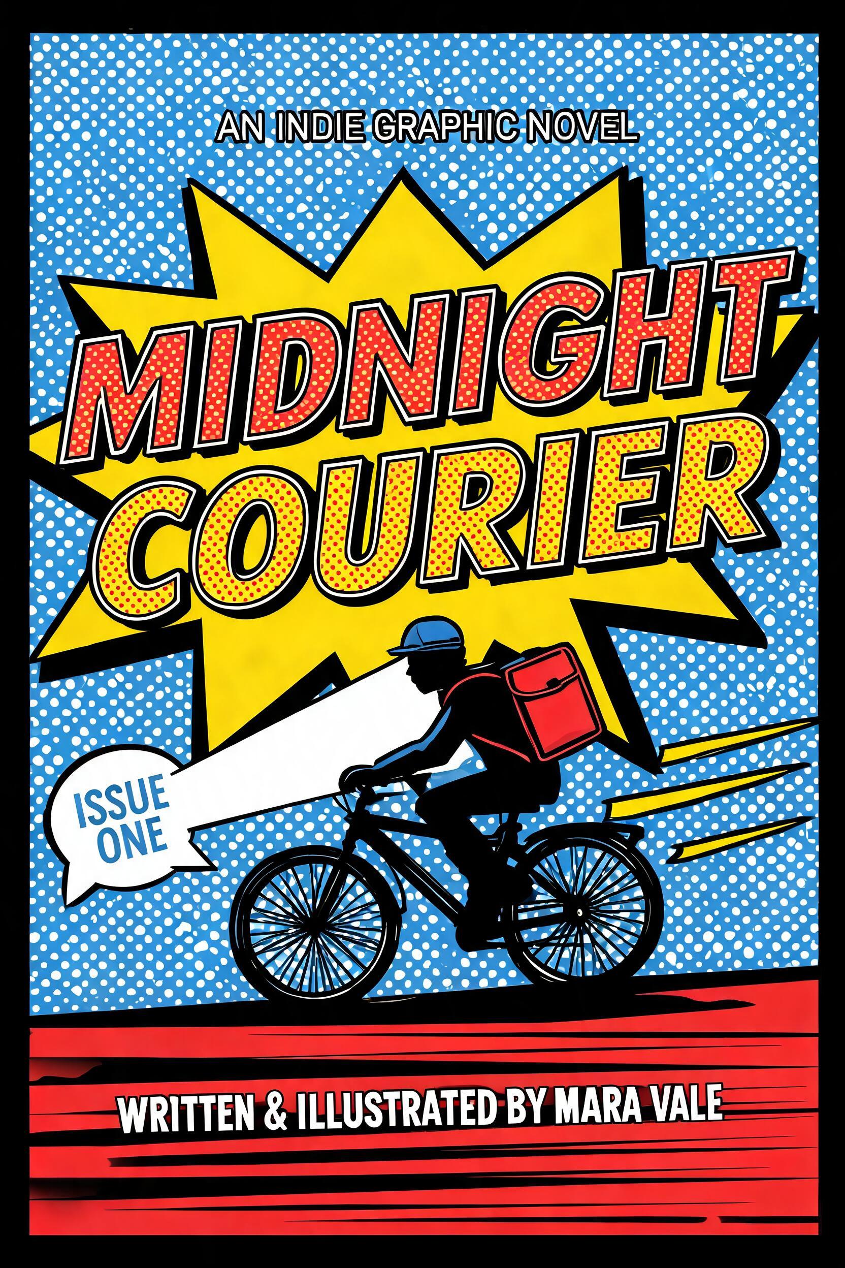 "AN INDIE GRAPHIC NOVEL
MIDNIGHT
COURIER
ISSUE ONE
WRITTEN & ILLUSTRATED BY MARA VALE" — Pop Art | AI Text Effect Generator