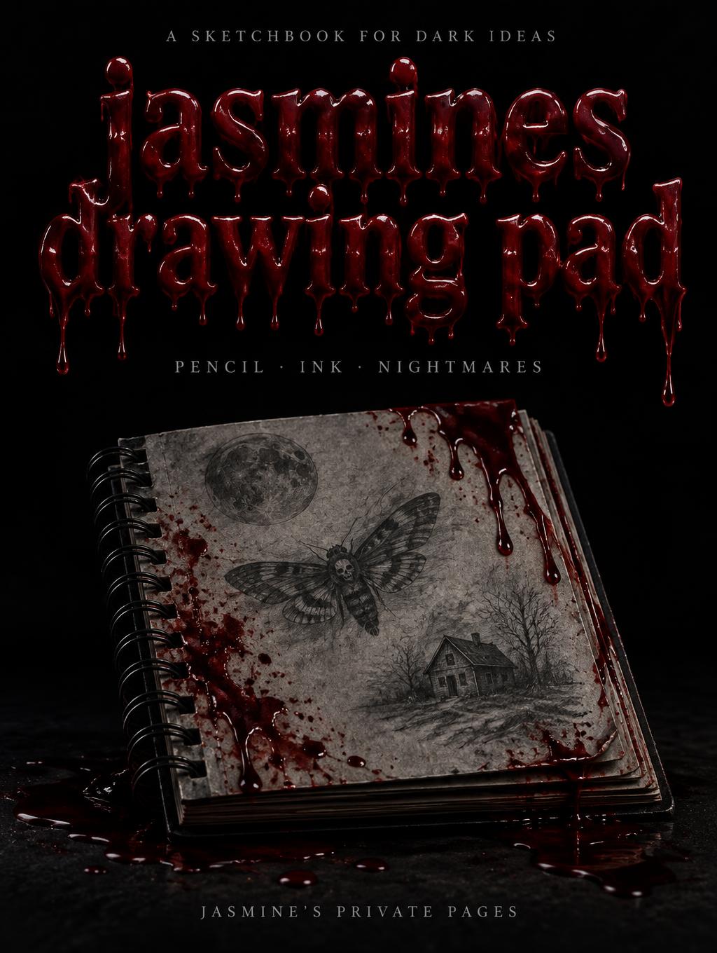 "jasmines drawing pad
A SKETCHBOOK FOR DARK IDEAS
PENCIL · INK · NIGHTMARES
JASMINE’S PRIVATE PAGES" — Drip Font Blood | AI Text Effect Generator