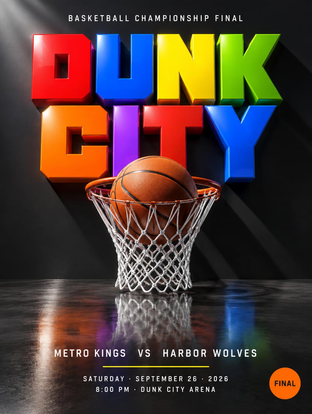 DUNK
CITY
BASKETBALL CHAMPIONSHIP FINAL
METRO KINGS  VS  HARBOR WOLVES
SATURDAY · SEPTEMBER 26 · 2026
8:00 PM · DUNK CITY ARENA
FINAL