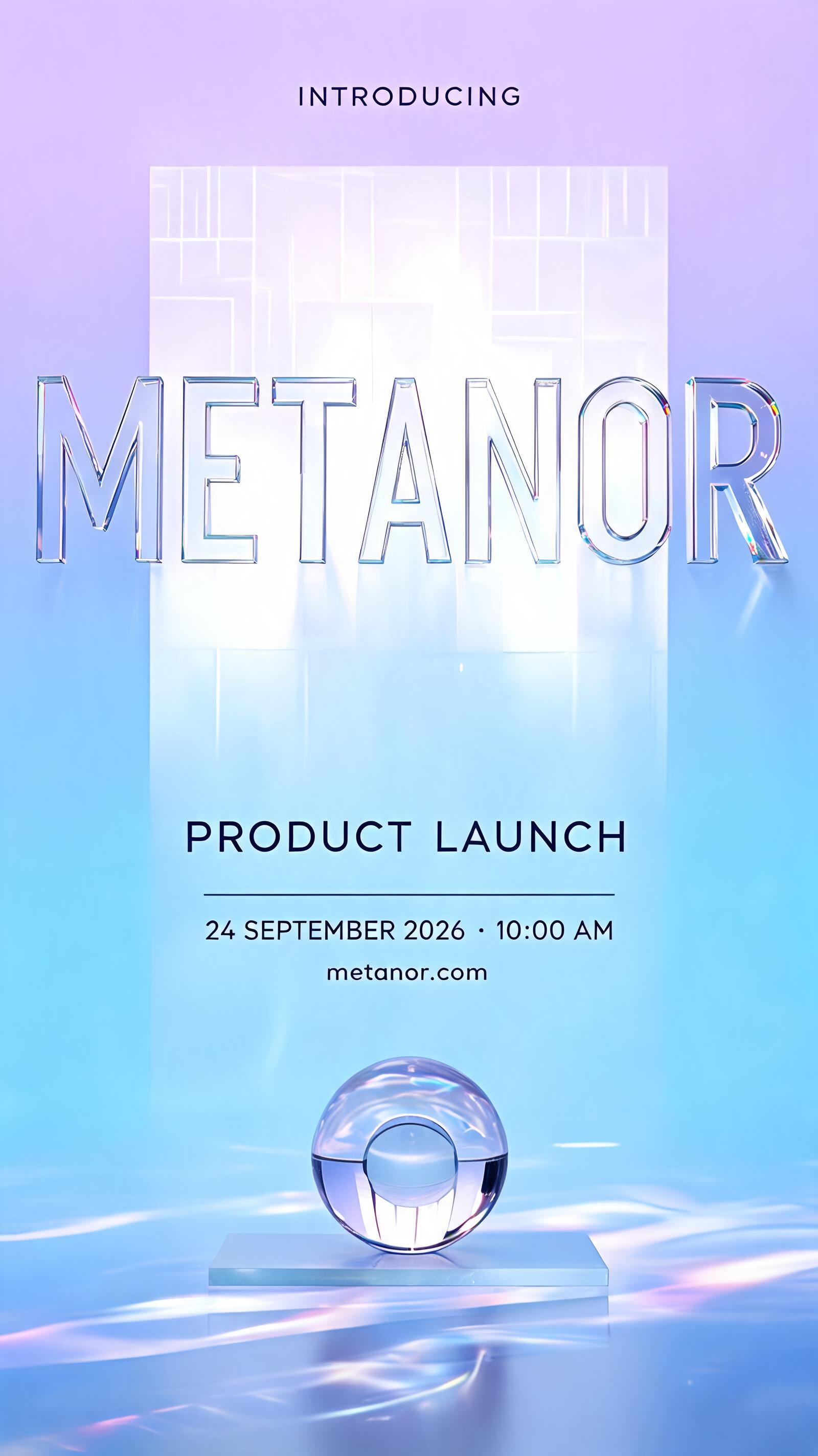 "METANOR
INTRODUCING
PRODUCT LAUNCH
24 SEPTEMBER 2026  ·  10:00 AM
metanor.com" — Glass | AI Text Effect Generator