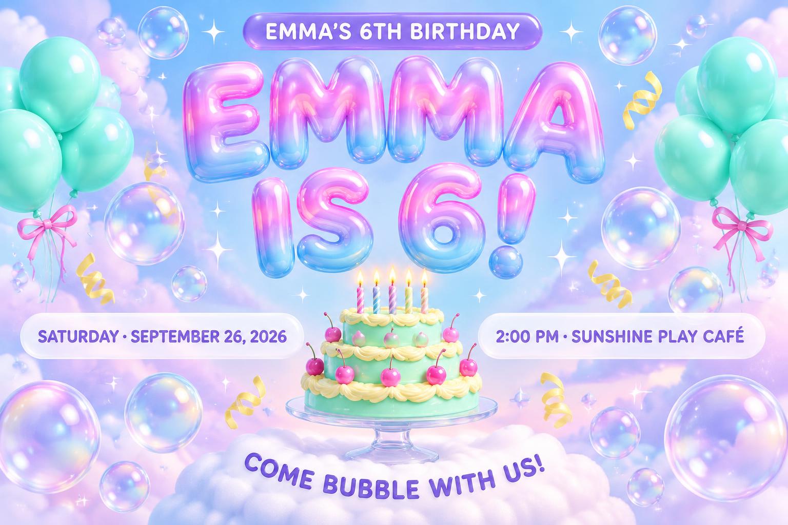 "EMMA
IS 6!
EMMA’S 6TH BIRTHDAY
SATURDAY · SEPTEMBER 26, 2026
2:00 PM · SUNSHINE PLAY CAFÉ
COME BUBBLE WITH US!" — Bubble text effect