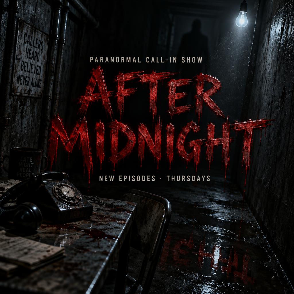 "AFTER
MIDNIGHT
PARANORMAL CALL-IN SHOW
NEW EPISODES · THURSDAYS" — Cinematic Horror | AI Text Effect Generator