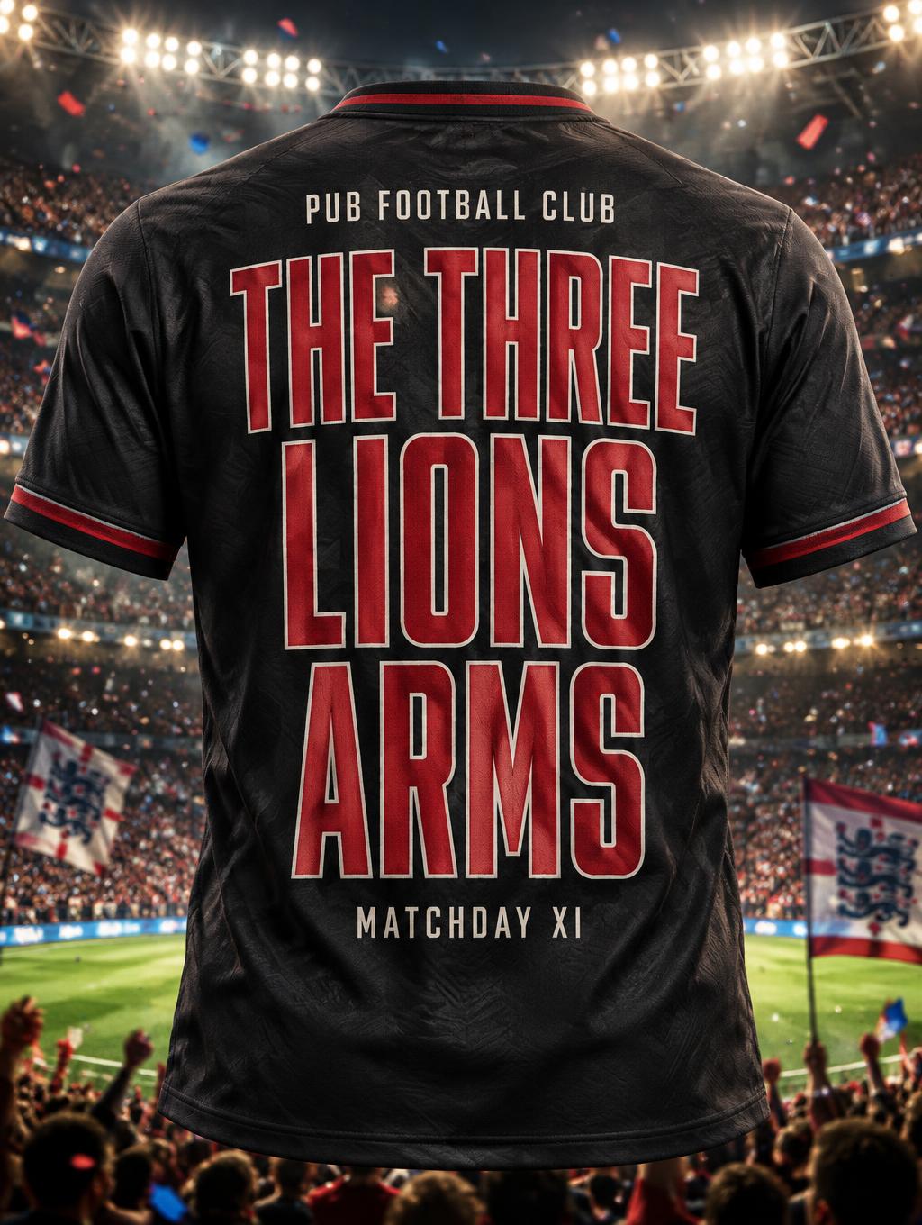 "THE THREE LIONS ARMS
PUB FOOTBALL CLUB
MATCHDAY XI" — Sports Football | AI Text Effect Generator