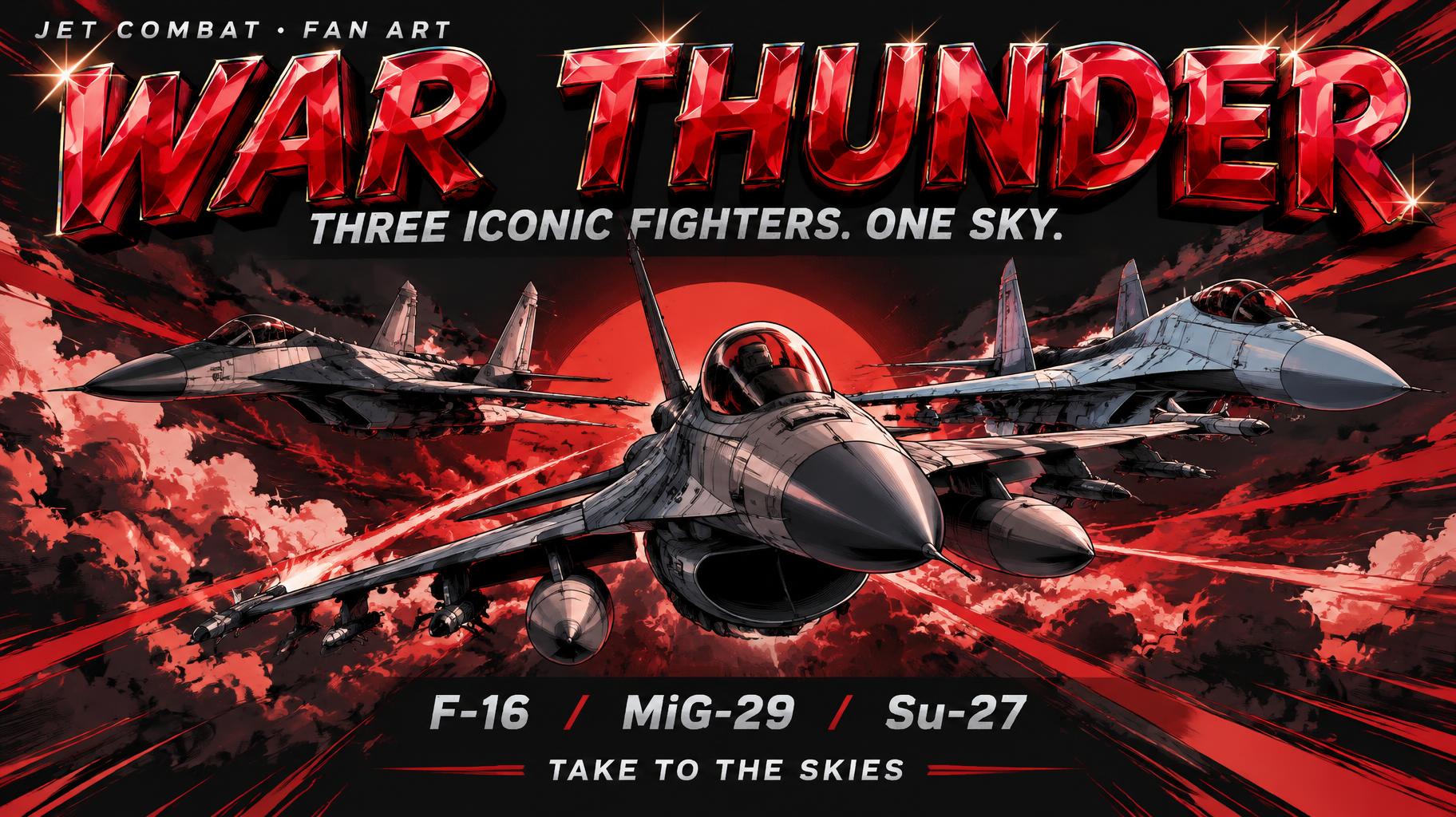"WAR THUNDER
JET COMBAT • FAN ART
THREE ICONIC FIGHTERS. ONE SKY.
F-16  /  MiG-29  /  Su-27
TAKE TO THE SKIES" — Anime text effect
