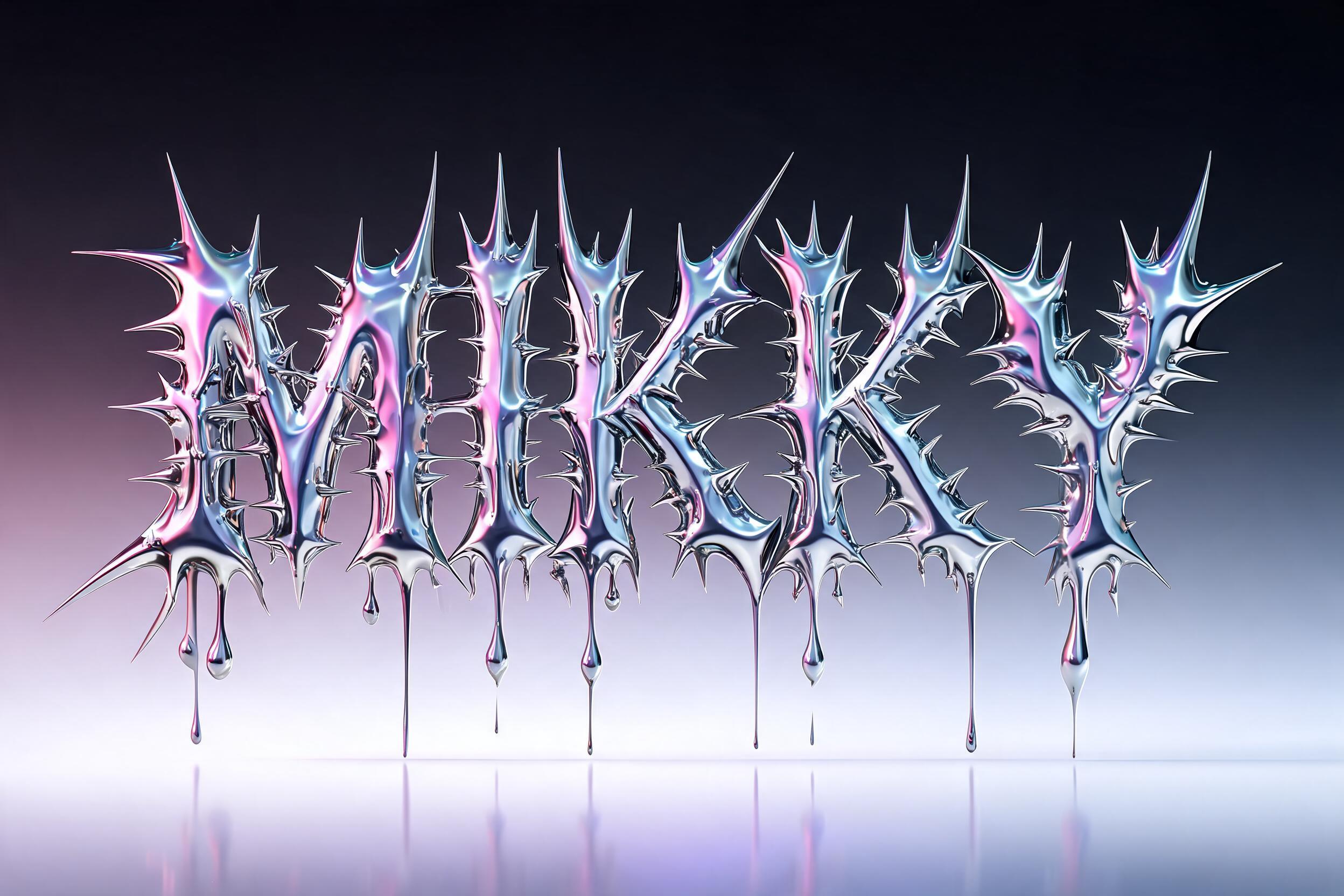 "The word "MIKKY" written in hyper-detailed spiky 3D liquid chrome typography, symmetric cyber-gothic metal band logo aesthetic, extreme liquid metal texture with glossy reflections, jagged thorny letter structures, completely isolated on a solid pitc" — Y2k Liquid | AI Text Effect Generator