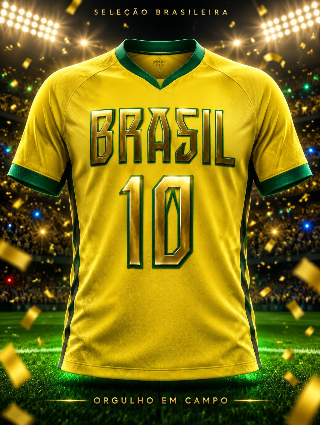 "BRASIL
10
SELEÇÃO BRASILEIRA
ORGULHO EM CAMPO" — Sports Football | AI Text Effect Generator